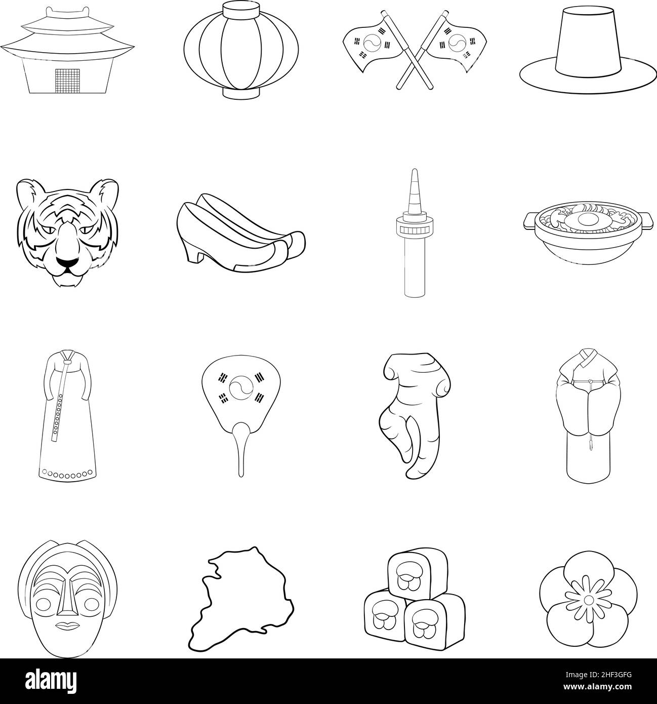 La Corée du Sud a défini des icônes dans un style de contour isolé sur fond blanc Illustration de Vecteur