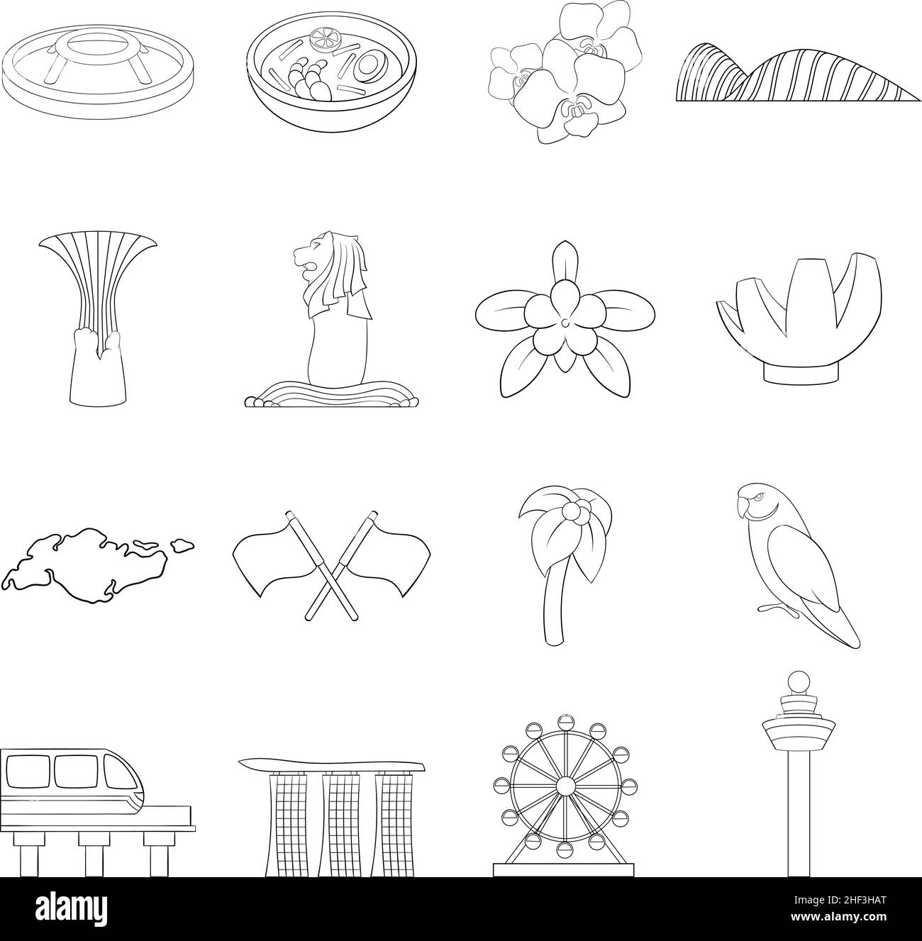Les icônes de Singapore Travel Set dans un style de contour isolé sur fond blanc Illustration de Vecteur