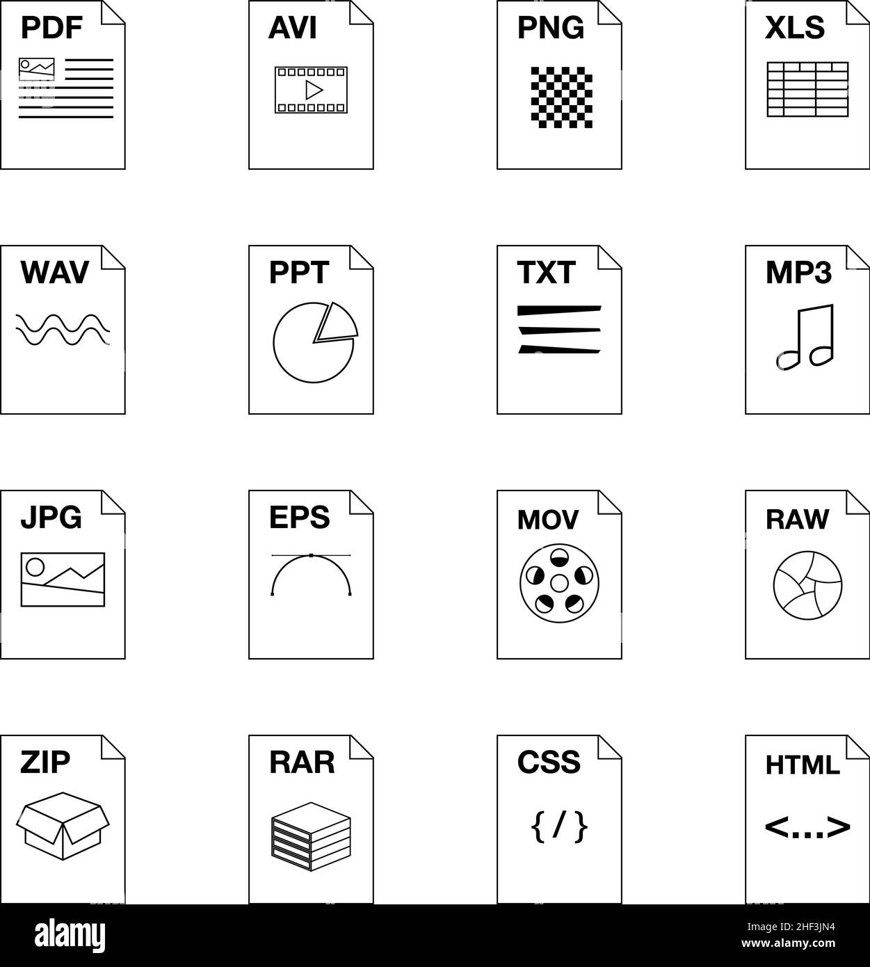 Extension de fichier définir les icônes dans le style de contour isolé sur fond blanc Illustration de Vecteur