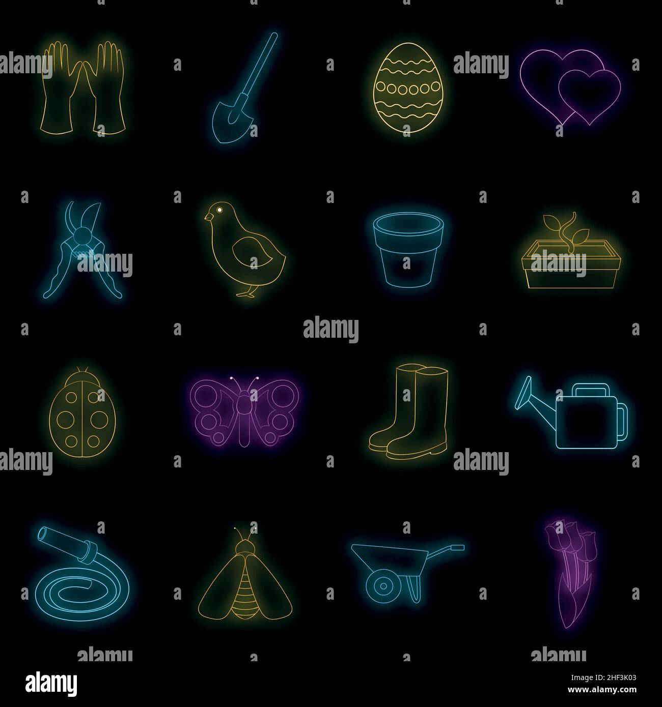 Jeu d'icônes de ressort.Illustration de 16 icônes de vecteur de ressort couleur néon sur noir Illustration de Vecteur