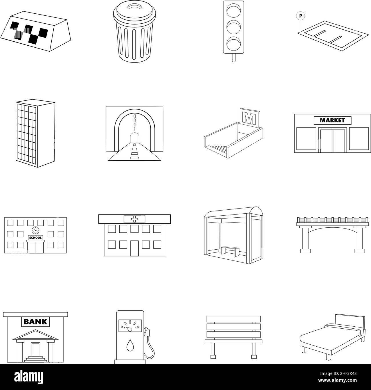 L'infrastructure urbaine affiche des icônes de style contour isolées sur fond blanc Illustration de Vecteur