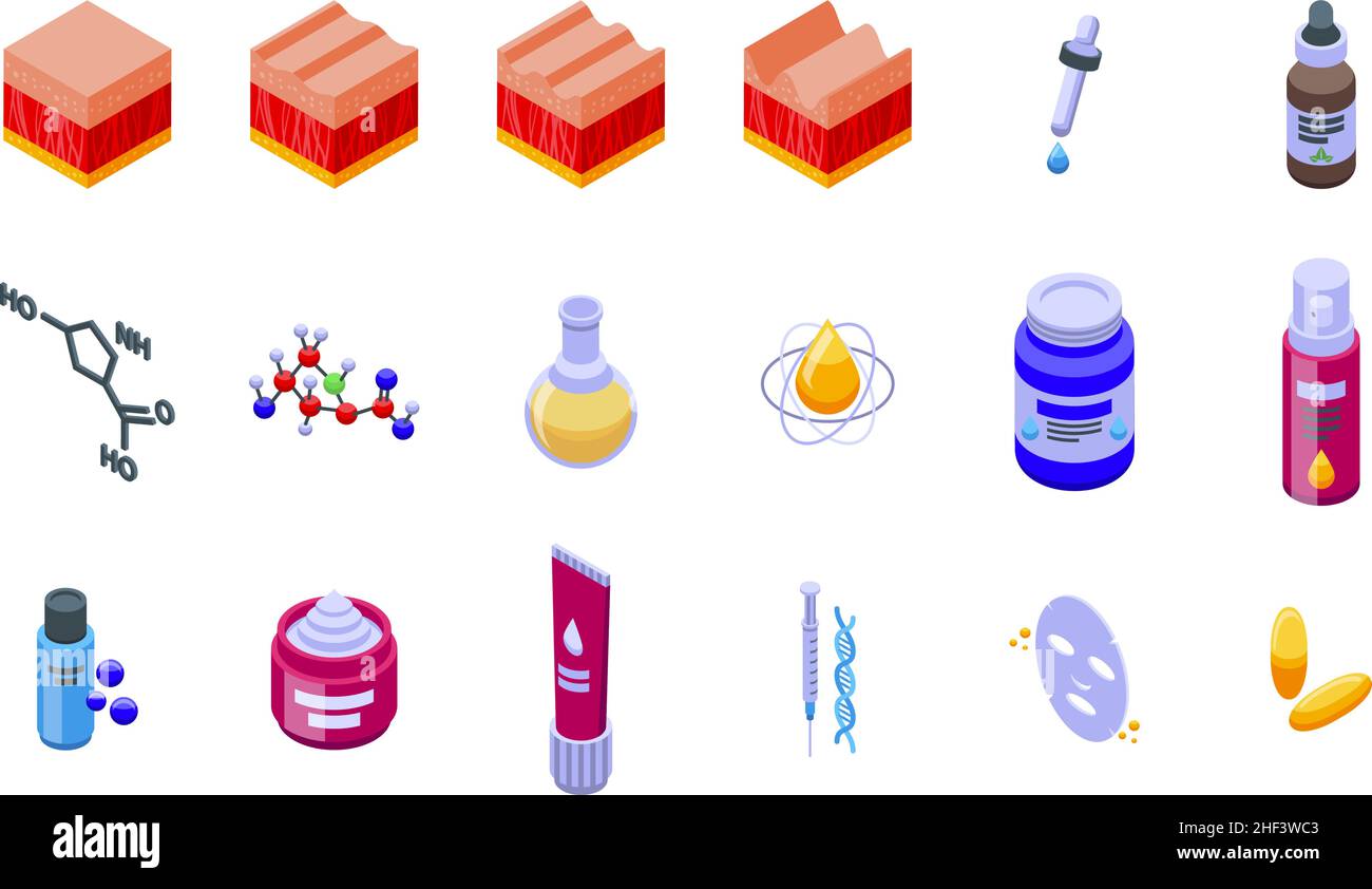 Les icônes de collagène définissent le vecteur isométrique.Acide pour la peau.Huile pour le soin de la peau Illustration de Vecteur
