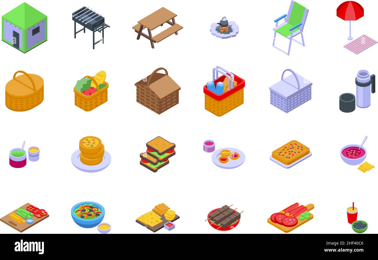 Les icônes de nourriture de pique-nique définissent le vecteur isométrique.Assiettes panier.Sac à pain Illustration de Vecteur