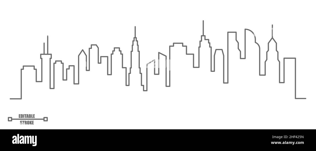 Paysage panoramique de la ville.Dessin continu de bâtiments à une ligne.Silhouette des gratte-ciels.Illustration vectorielle minimaliste modifiable.SPE 10 Illustration de Vecteur