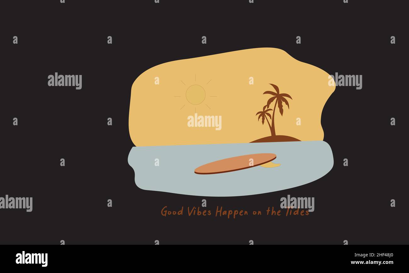 de bonnes vibes se produisent sur la marée surfboard et les palmiers monogramme texte modèle de vecteur Illustration de Vecteur