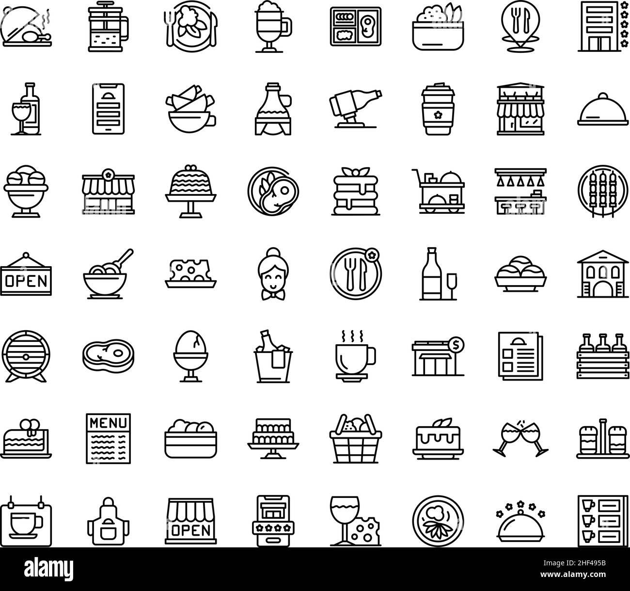 Les icônes de restaurant définissent un vecteur de contour.Menu de nourriture.Faire cuire le déjeuner Illustration de Vecteur