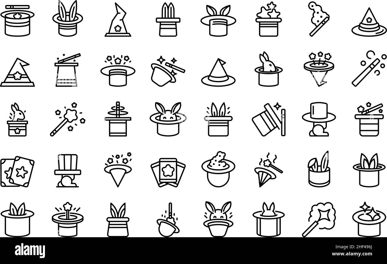 Les icônes Magic Hat définissent le vecteur de contour.Lapin magicien.Assistant EAR Illustration de Vecteur