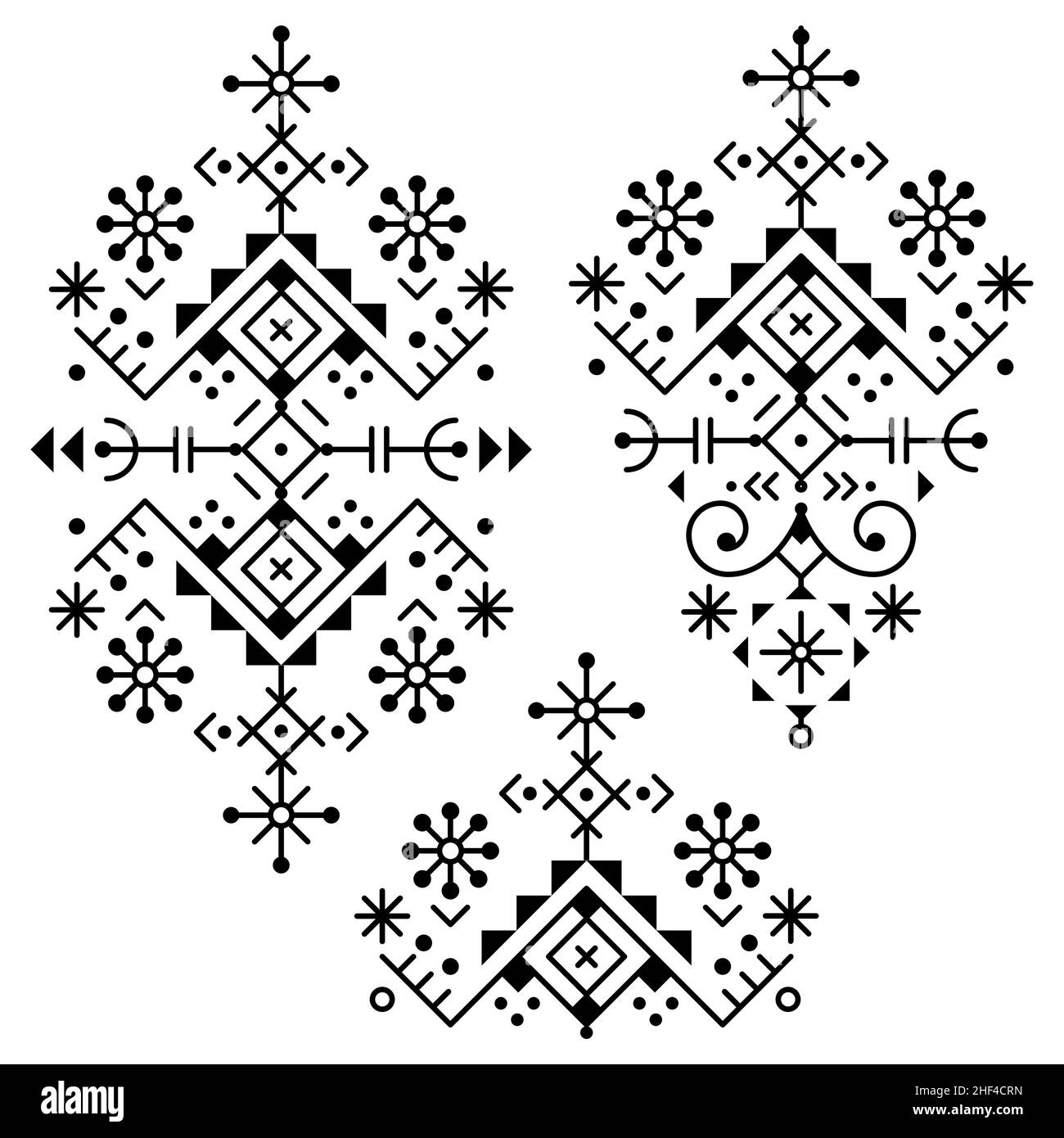 Ensemble moderne minimaliste de motifs vectoriels d'art tribal, collection de motifs décoratifs géométriques en noir et blanc inspirés de l'art de la vieille rune nordique Viking Illustration de Vecteur