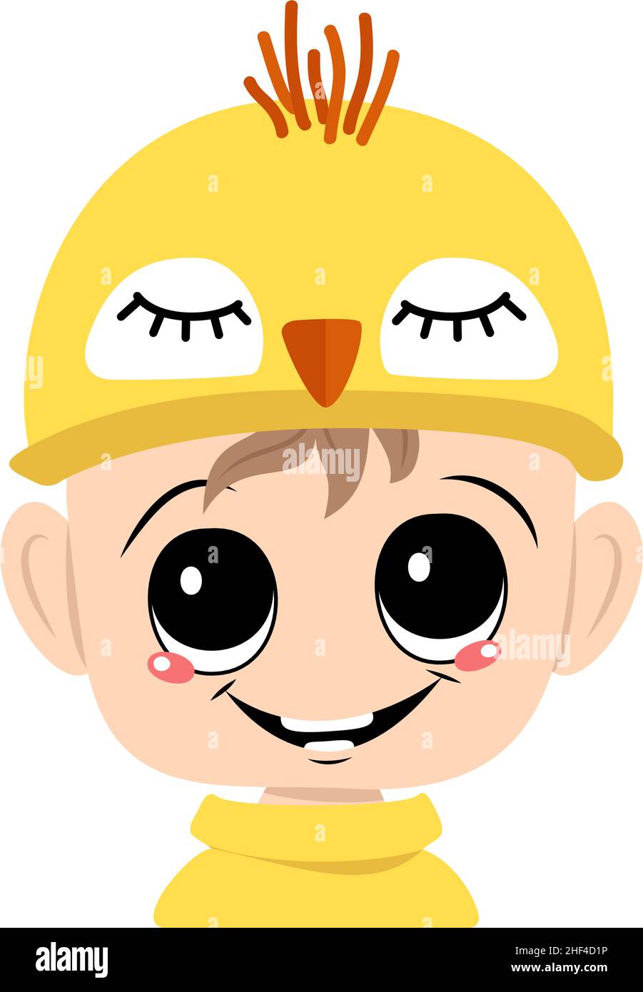 Avatar d'un garçon aux yeux grands et grand sourire heureux dans un joli chapeau de poulet jaune.Chef d'enfant avec un visage joyeux pour les vacances de Pâques, le nouvel an ou costume pour la fête.Illustration vectorielle plate Illustration de Vecteur