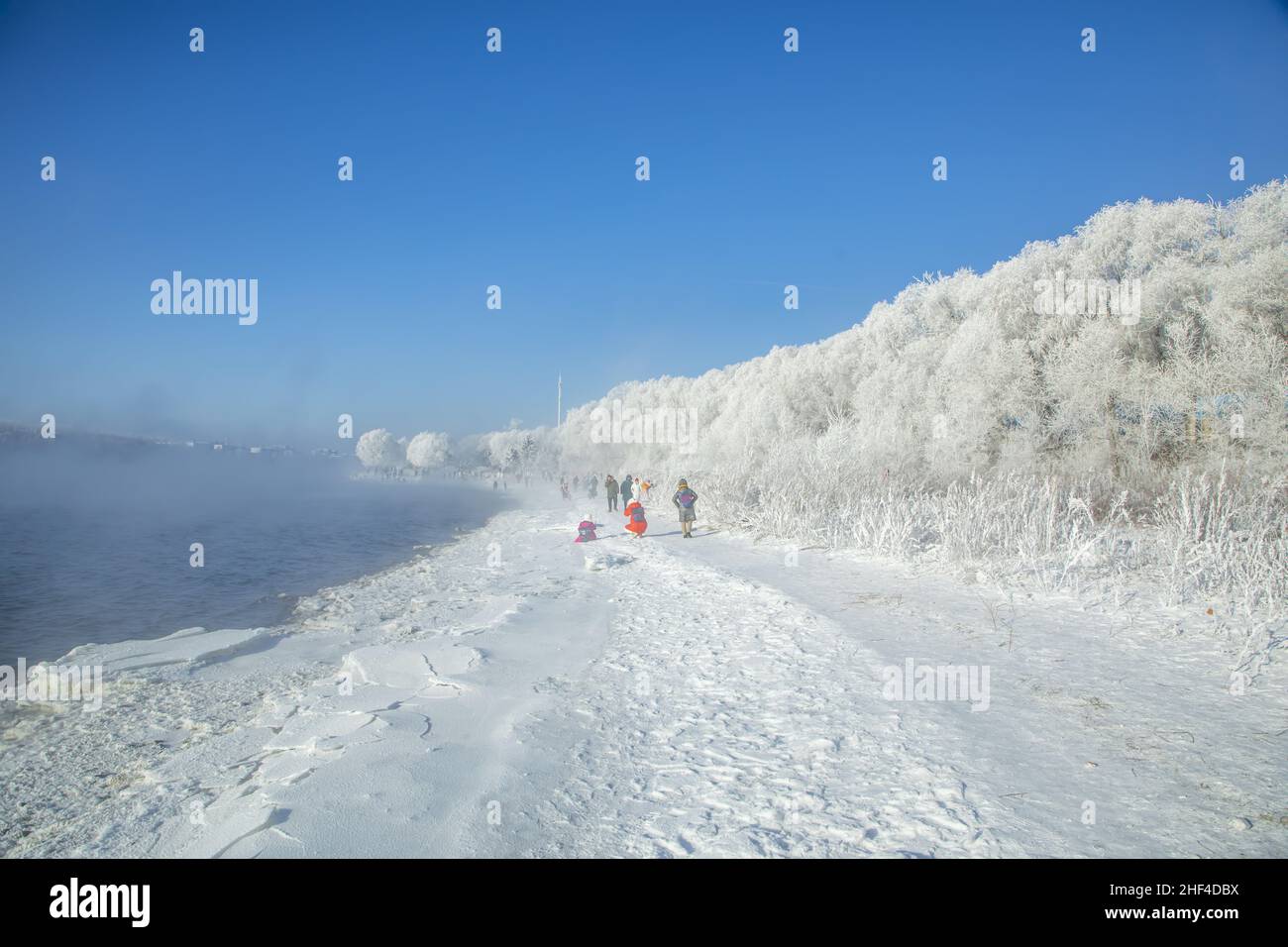 Jilin, Jilin, Chine.14th janvier 2022.Le 14 janvier 2022, de nombreux touristes ont observé et photographié le magnifique paysage de la rime dans la ceinture d'observation de l'ashhada rime sur la rive de la rivière Songhua dans la ville de Jilin.Après le rime cinq étoiles de haut niveau sur le 12th, il ya quatre étoiles rime merveilles aujourd'hui.Le remblai de dix milles de long de la rivière Songhua est entouré par l'immortalité, des milliers de brins d'argent sur la rive, des jades et des fleurs.Les touristes roulent des chiens, des charrues et des chevaux pour traverser le monde du conte de fées enveloppé d'argent, et expérimenter le bonheur infini apporté par la glace et Banque D'Images