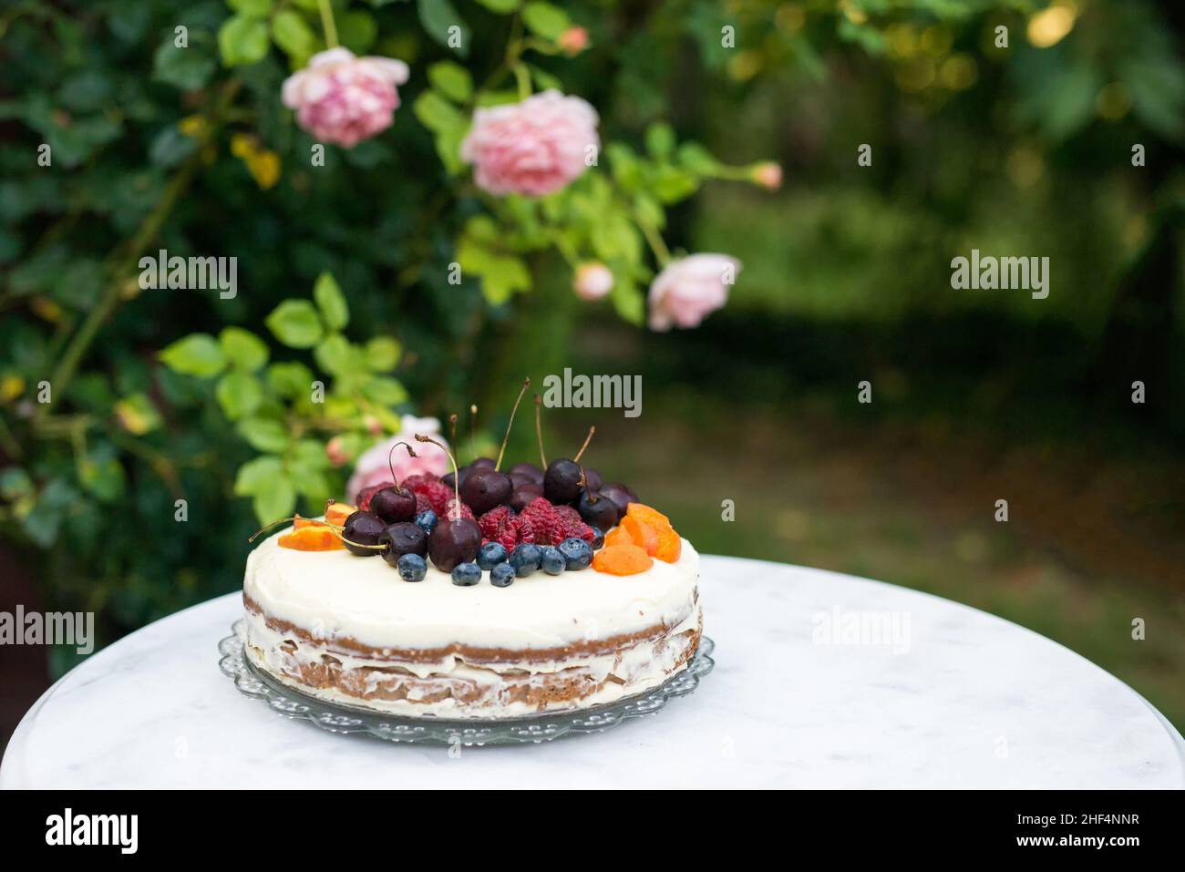 gâteau aux fruits pour une fête dans le jardin sur fond de roses en fleurs - mise au point sélective, espace de copie Banque D'Images