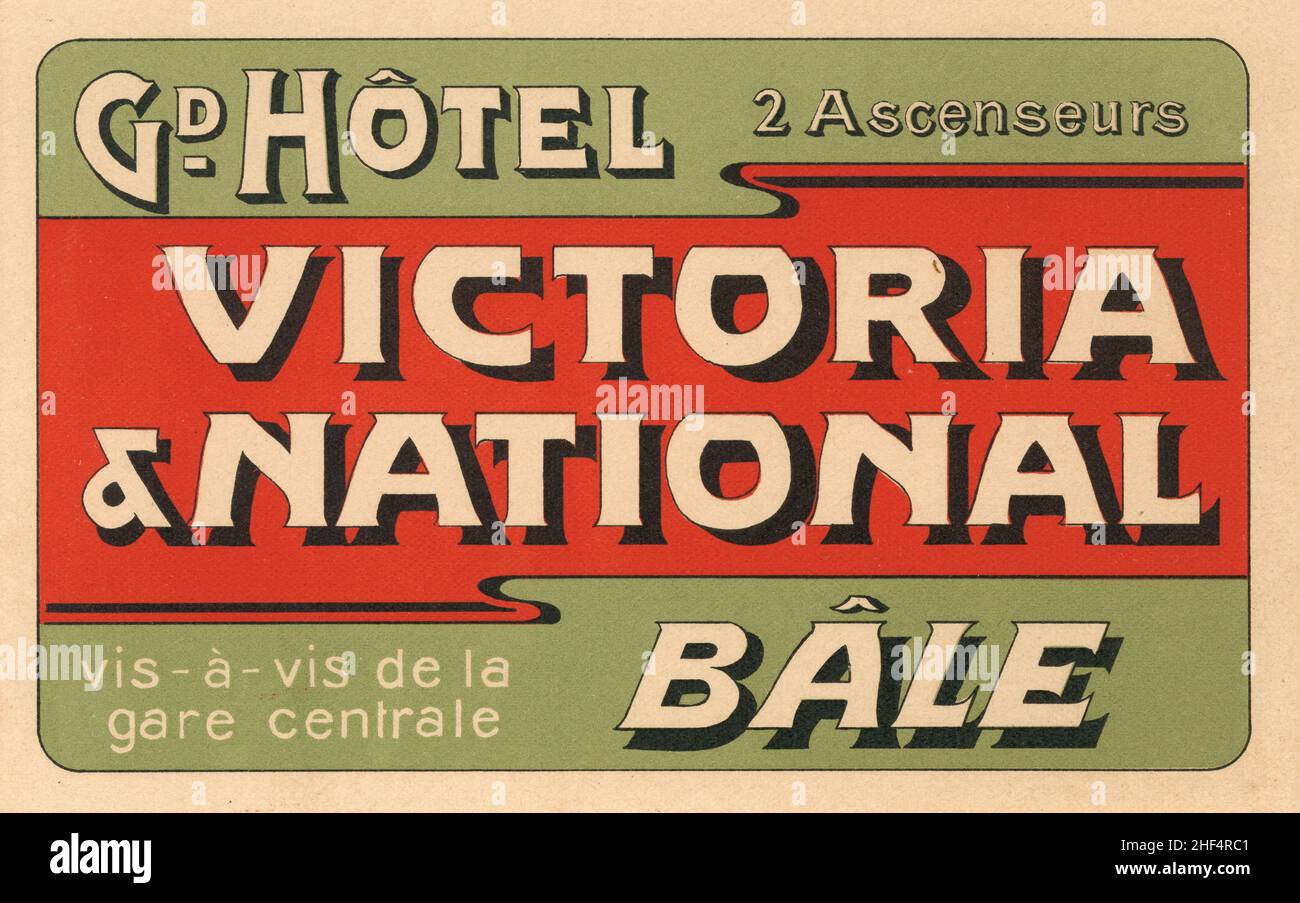 Étiquette de bagage d'hôtel vintage pour Victoria et National Basel Suisse Banque D'Images