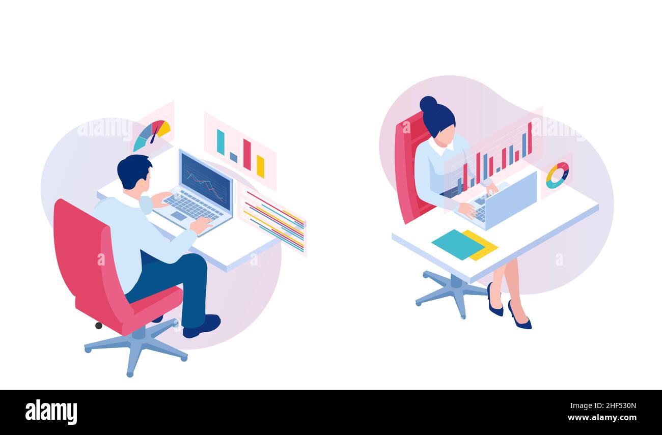 Vecteur d'un homme et d'une femme travaillant sur un ordinateur portable en interaction avec des graphiques analysant des données financières Illustration de Vecteur