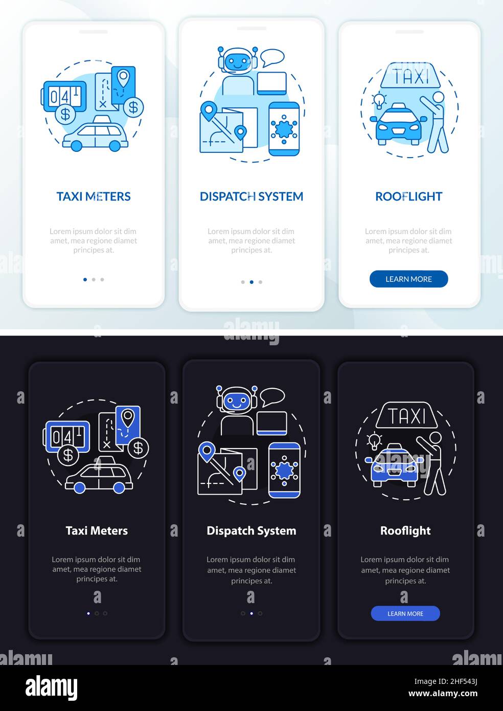 Equipement pour l'écran d'application mobile d'intégration de thème de taxi jour et nuit Illustration de Vecteur