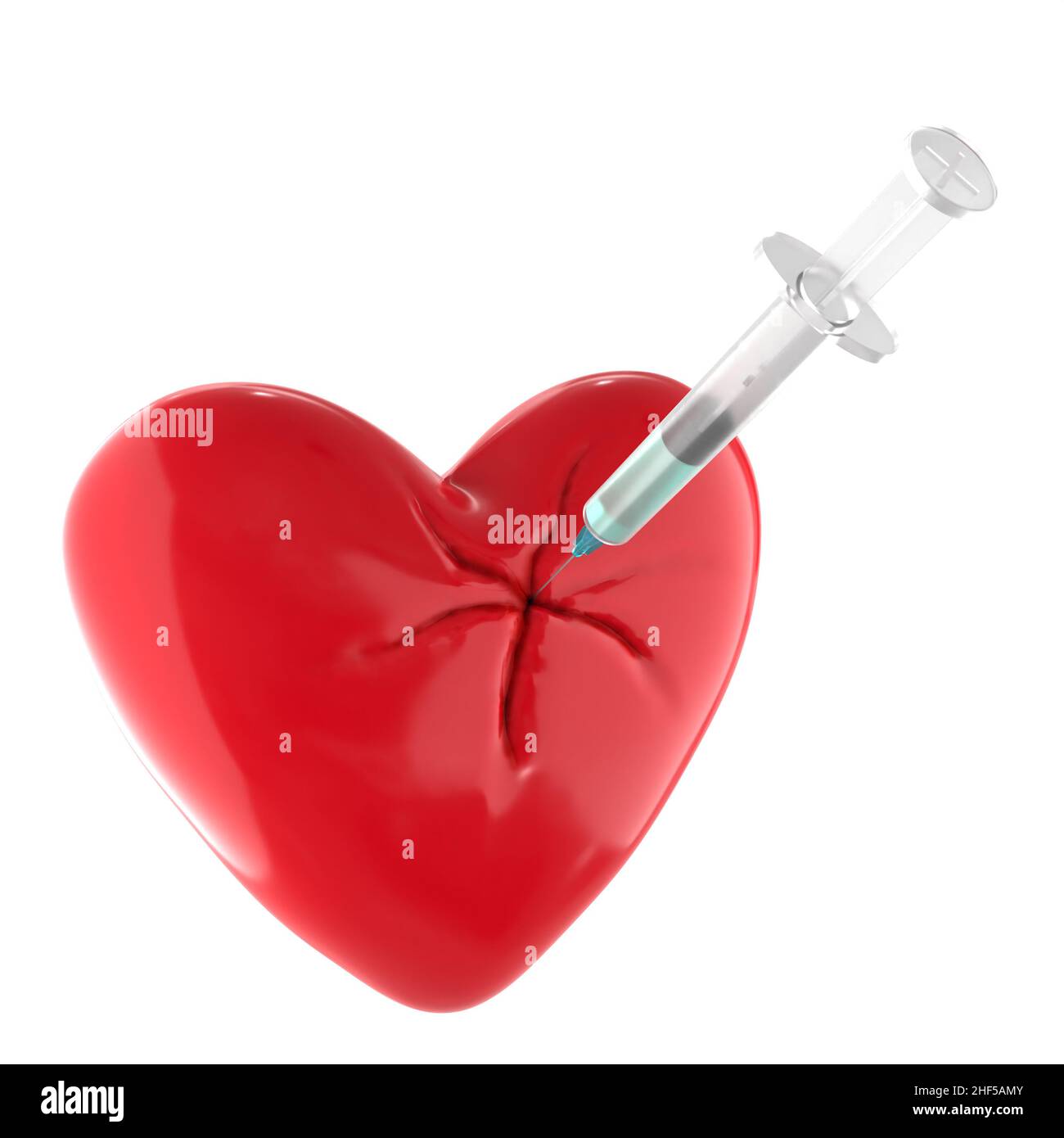 Lésion cardiaque du concept de vaccin avec coeur rouge et seringue isolée sur fond blanc, rendu 3D Banque D'Images