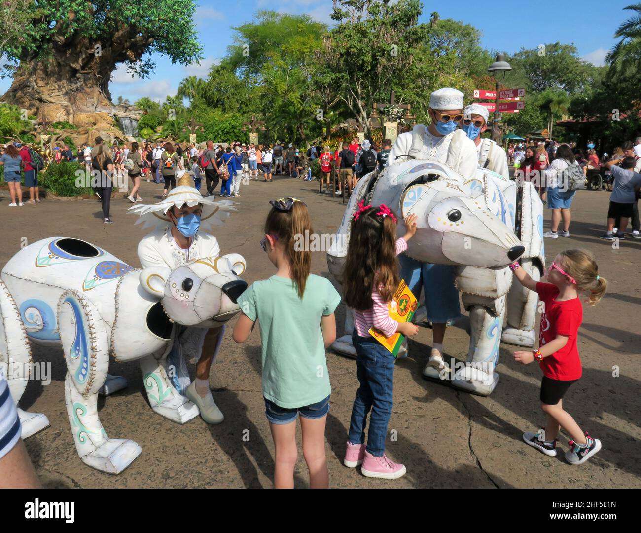 Les marionnettistes d'ours polaires, masqués pour le protocole COVID, divertissent les jeunes invités dans le cadre du spectacle de marionnettes grandeur nature Merry Menagerie au Disneys Animal Kingdom, le jeudi 30 décembre 2021, avec les parcs thématiques Walt Disney Worlds four Florida remplis à grande capacité pour les vacances de la Nouvelle-Years à Lake Buena Vista,En Floride, jeudi après-midi, Animal Kingdom était le seul parc où des réservations étaient disponibles pour les détenteurs de billets, les clients du complexe Disney et les passe-temps annuels pour la Saint-Years, le 31 janvier.(Photo de Joe Burbank/Orlando Sentinel) Banque D'Images