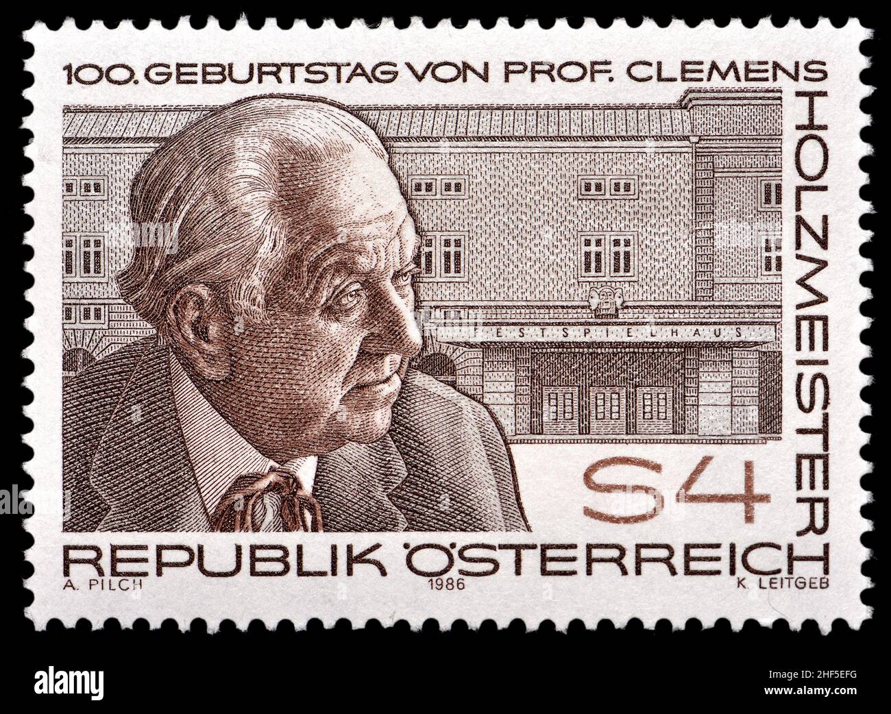 Timbre-poste autrichien (1986) : Clemens Holzmeister (1886 – 1983) architecte et scénographe autrichien Banque D'Images