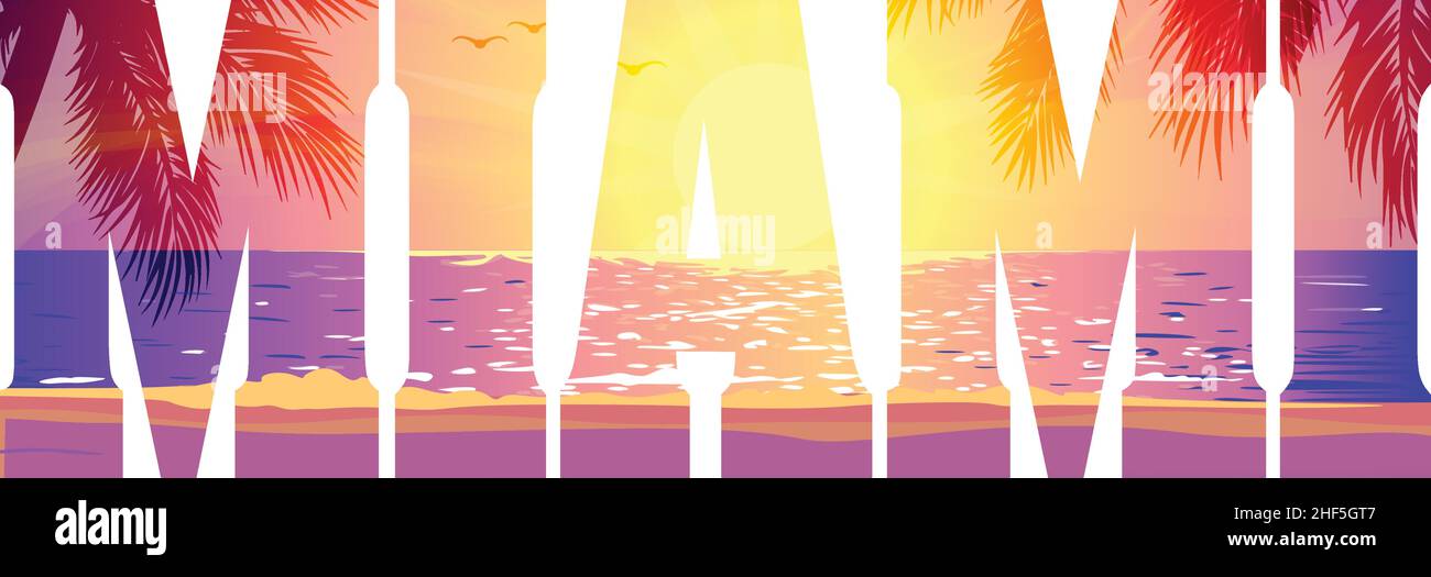 chaud violet plage paradis coucher de soleil dans miami texte tshirt graphique design vecteur isolé sur fond blanc Illustration de Vecteur