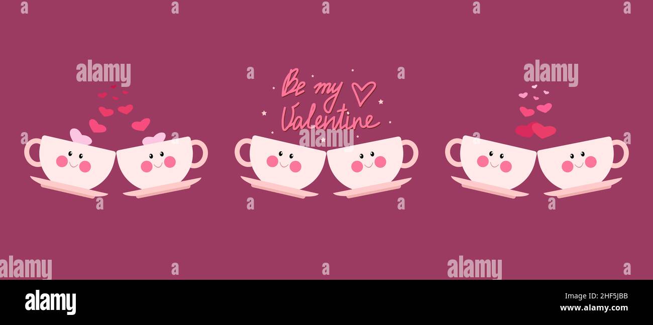 Seth deux adorables mugs roses avec visages, jour de la Saint Valentin.Illustration vectorielle de style dessin animé plat Illustration de Vecteur