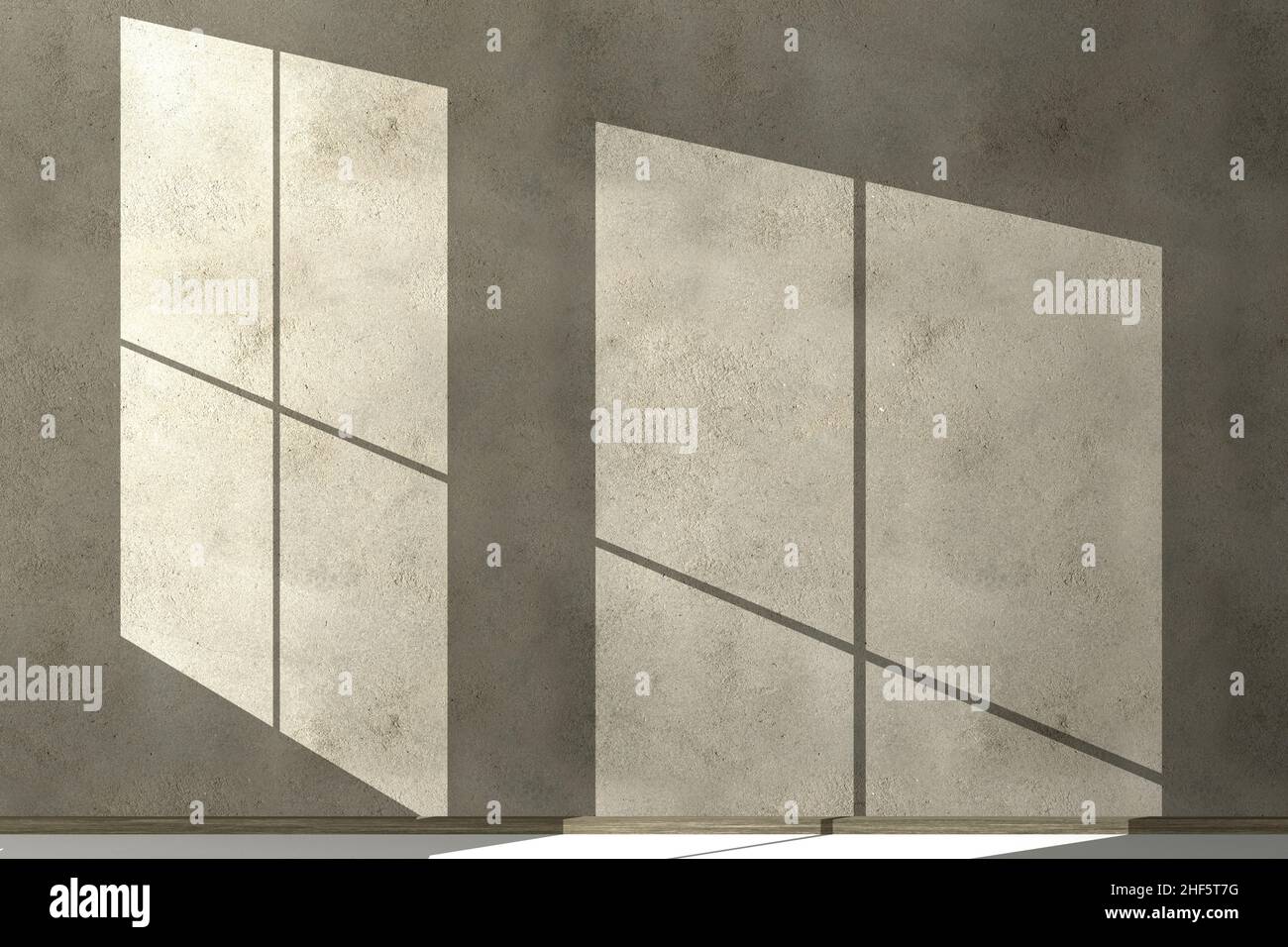 L'ombre d'une fenêtre sur un mur en béton.Fond de texture de mur en béton vide pour la conception.3D illustration.Perspective d'architecture minimale. Banque D'Images