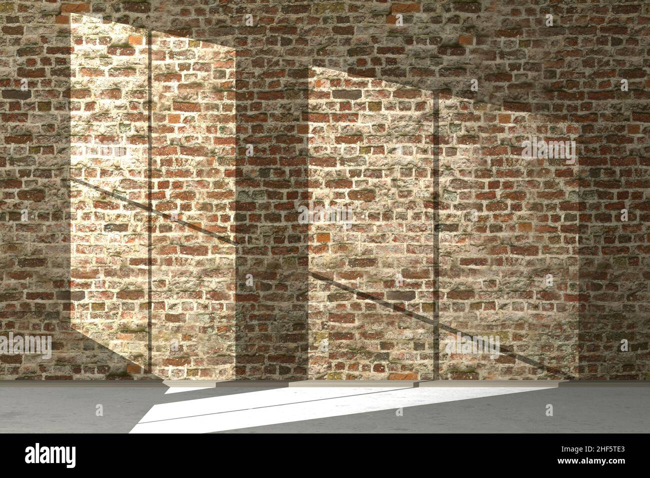 L'ombre d'une fenêtre sur un mur de briques.Fond de texture de mur de brique vide pour la conception.3D illustration.Perspective d'architecture minimale.Garage de Banque D'Images