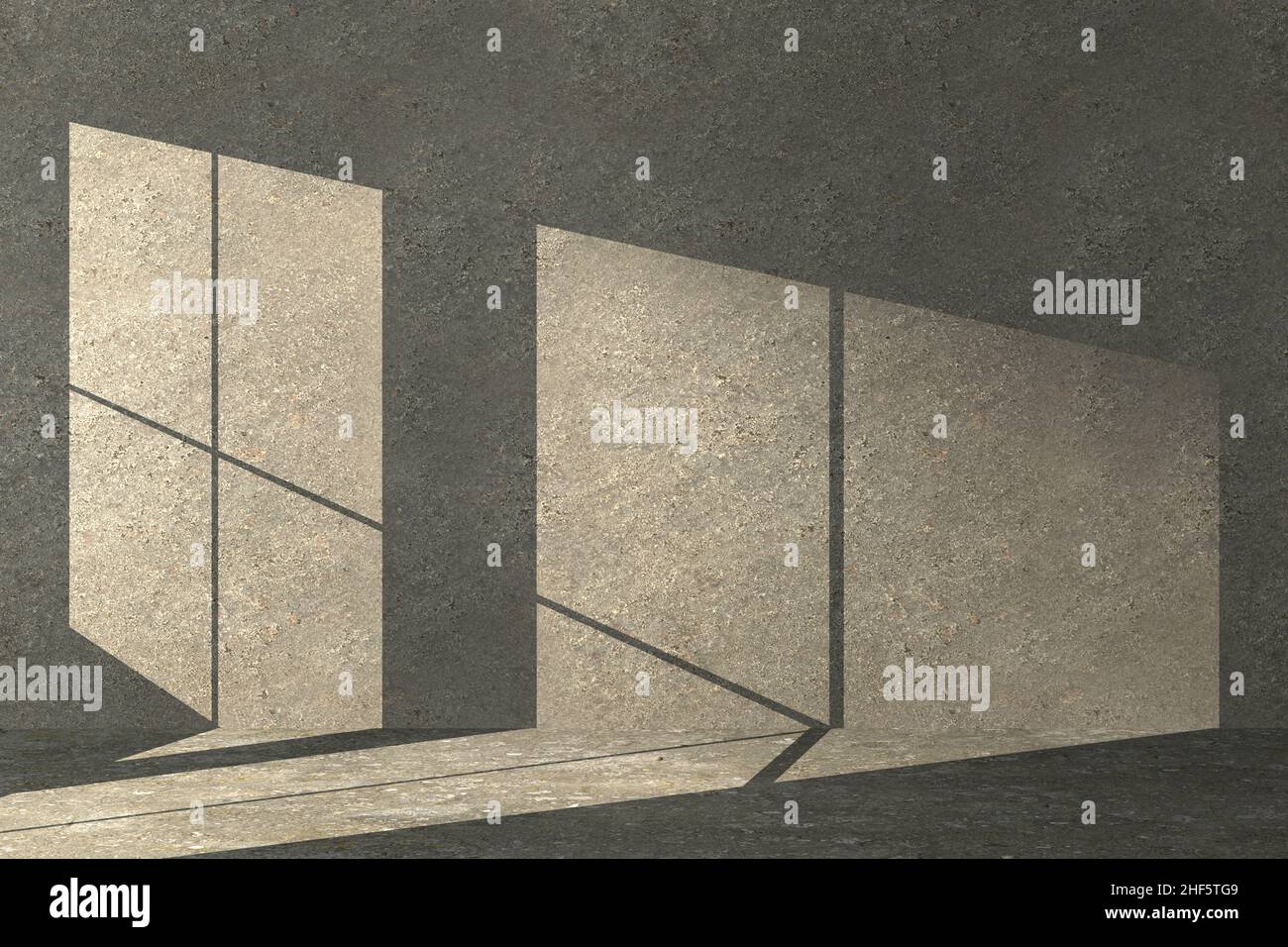 L'ombre d'une fenêtre sur un mur en béton.Fond de texture de mur en béton vide pour la conception.3D illustration.Perspective d'architecture minimale. Banque D'Images