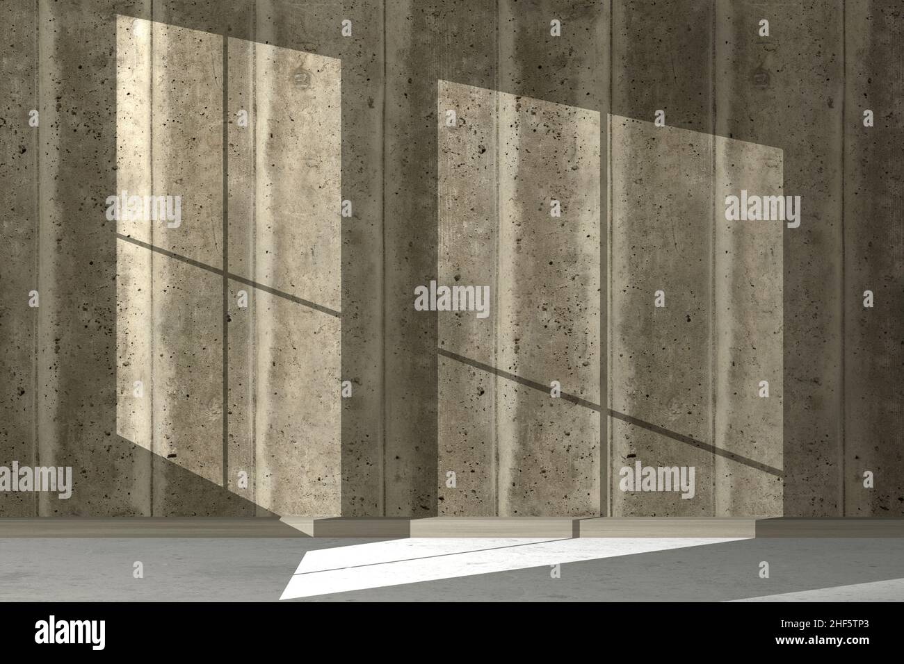 L'ombre d'une fenêtre sur un mur en béton.Fond de texture de mur en béton vide pour la conception.3D illustration.Perspective d'architecture minimale. Banque D'Images