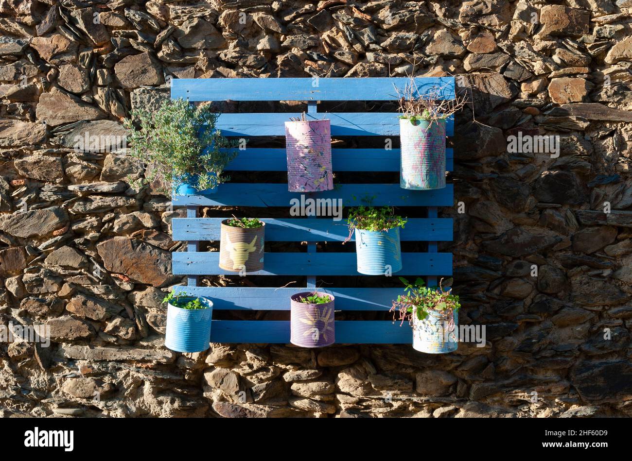 Palette industrielle en bois recyclé à utiliser comme jardinière avec des pots en canettes recyclées à fleurs naturelles 2 Banque D'Images