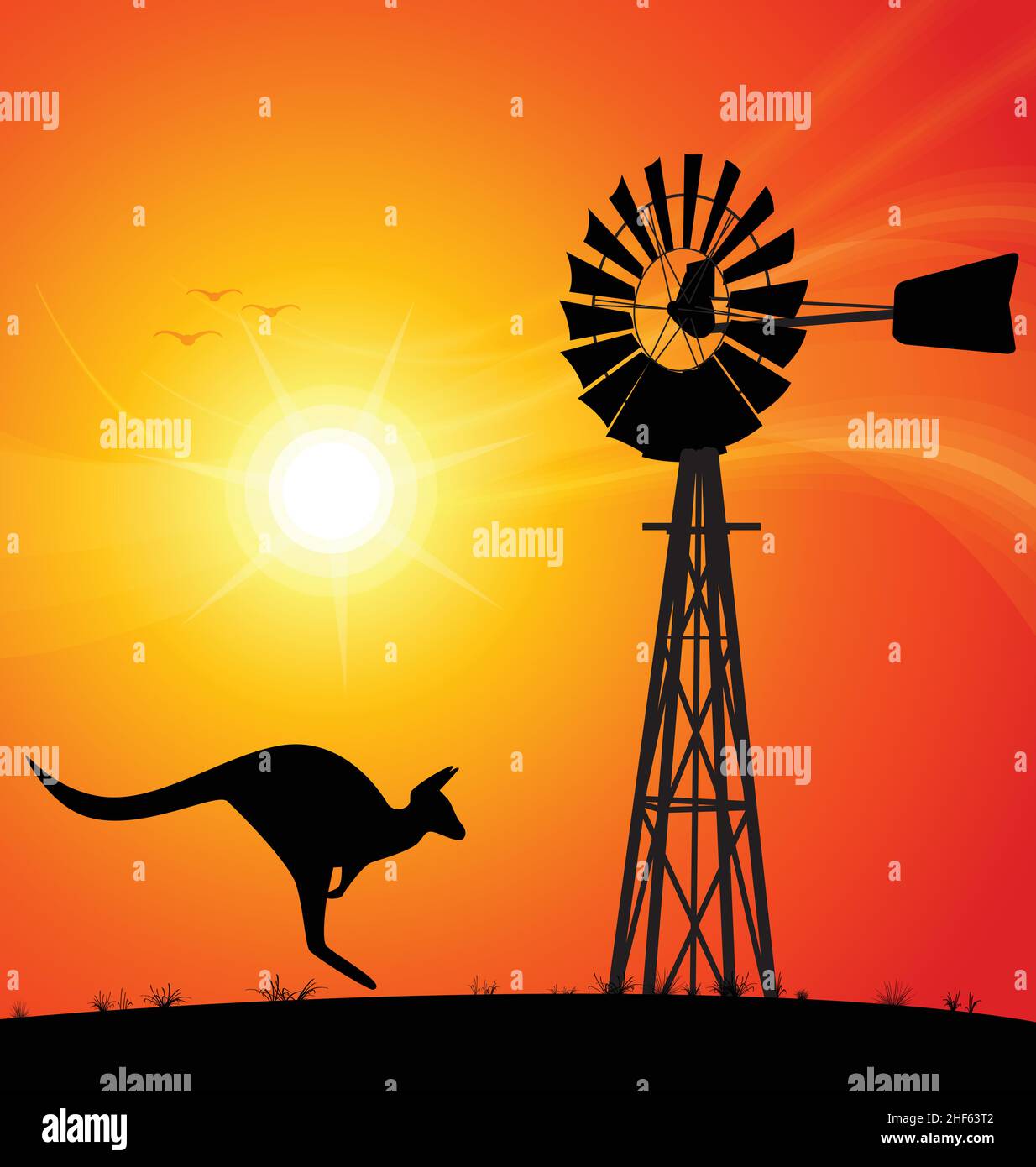 pompe à eau australienne moulin à vent en métal et silhouette de kangourou jumpant sur fond de coucher de soleil illustration vectorielle Illustration de Vecteur