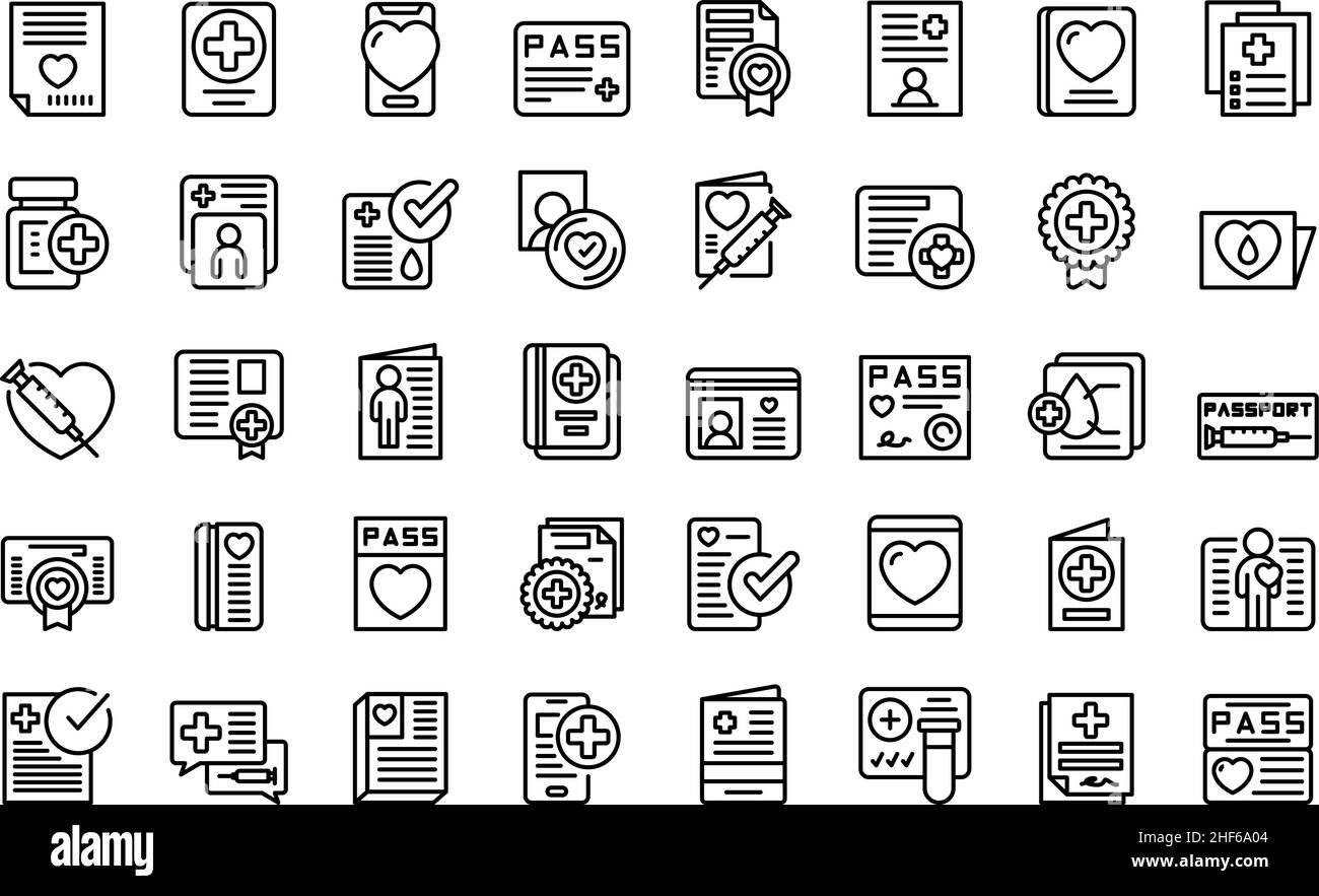 Les icônes de passeport sanitaire définissent le vecteur de contour.Seringue de vaccin.Injection Covid Illustration de Vecteur