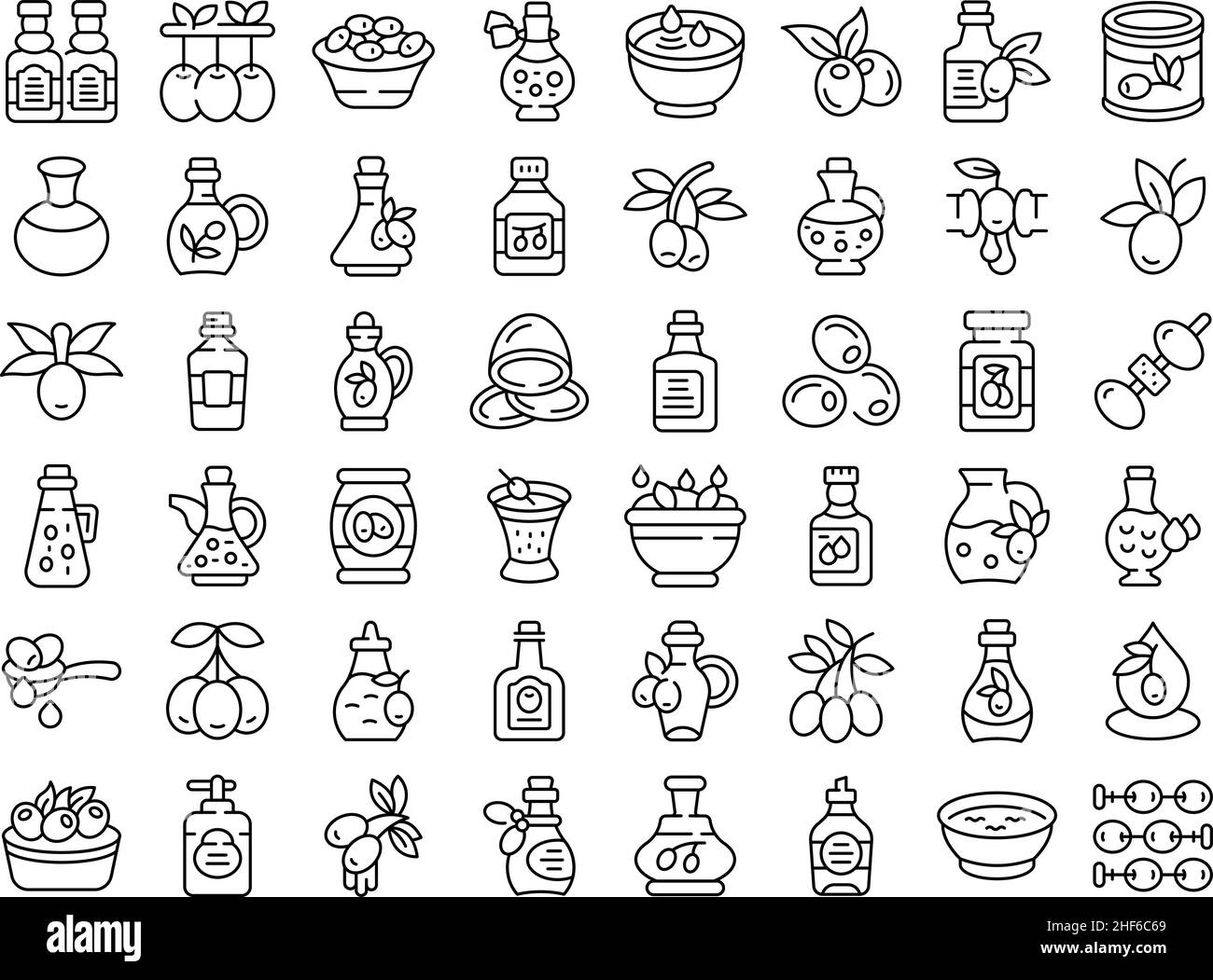 Les icônes d'huile d'olive définissent le vecteur de contour.Nourriture pour arbres.Cuisson en plus Illustration de Vecteur