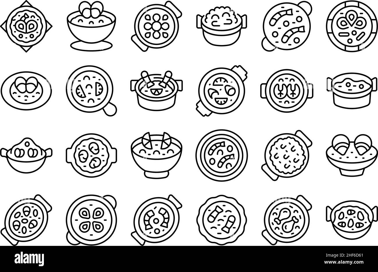 Les icônes paella définissent le vecteur de contour.Faire cuire au plat.Cuisine manger Illustration de Vecteur