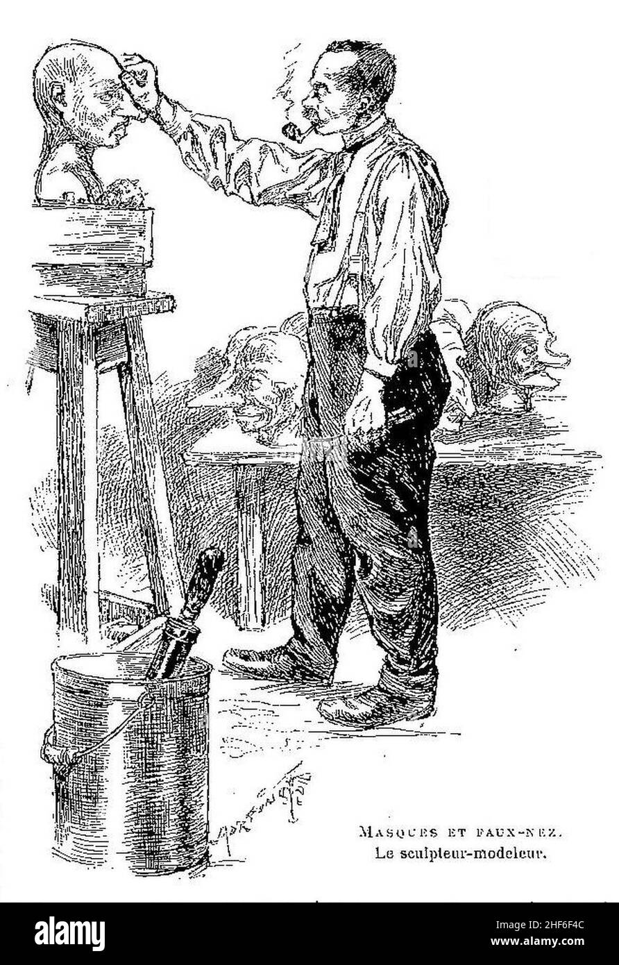 Sculptor-modeleur de maques et faux-nez pour le Carnaval. Banque D'Images