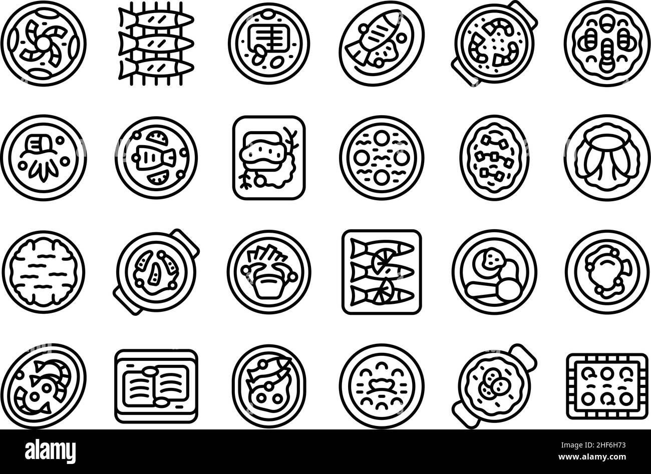 Les icônes de la cuisine portugaise définissent un vecteur.Bol de cuisson.Plat Acorda Illustration de Vecteur