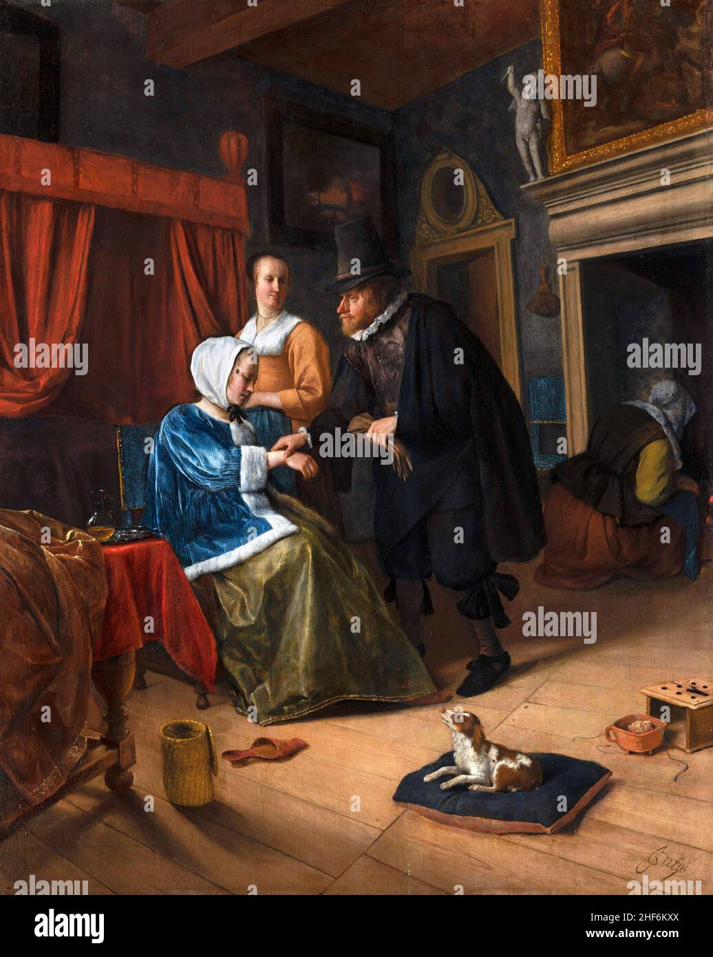 Jan Steen.La fille malade par l'artiste néerlandais de l'âge d'or, Jan Havickszoon Steen (c.1626-1679), huile sur panneau, c.1660 Banque D'Images