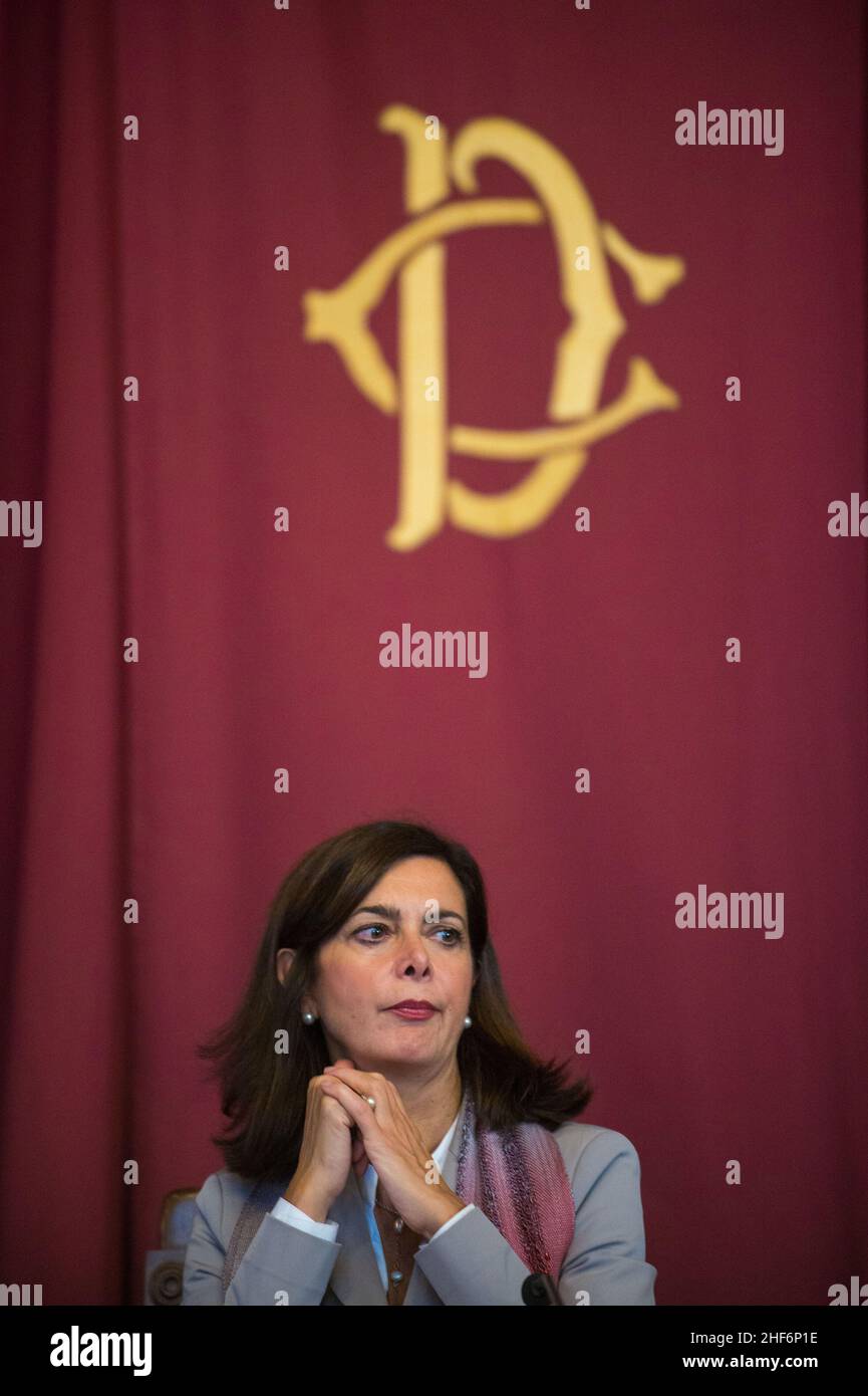 Thomas Piketty présente son livre "la capitale du XXIe siècle".Photo : Laura Boldrini, Présidente de la Chambre des députés.© Andrea Sabbadini Banque D'Images