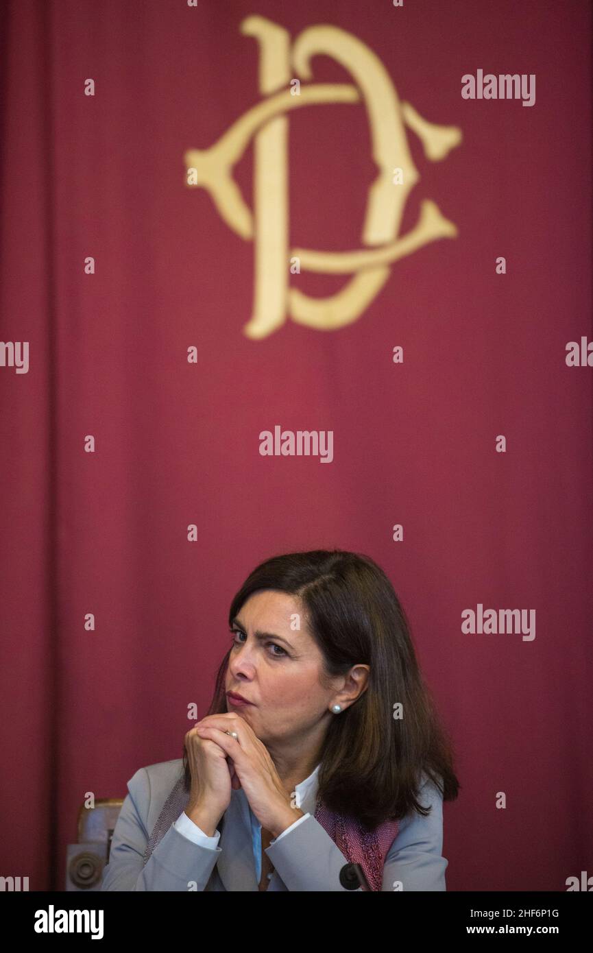 Thomas Piketty présente son livre "la capitale du XXIe siècle".Photo : Laura Boldrini, Présidente de la Chambre des députés.© Andrea Sabbadini Banque D'Images