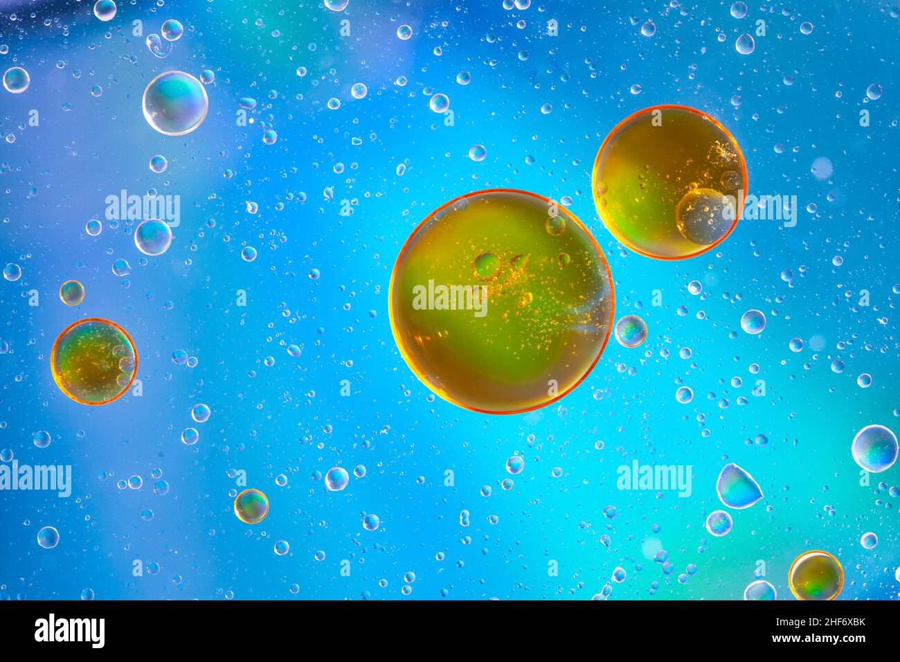 Bulles d'huile à la surface de l'eau, fond multicolore, image abstraite Banque D'Images