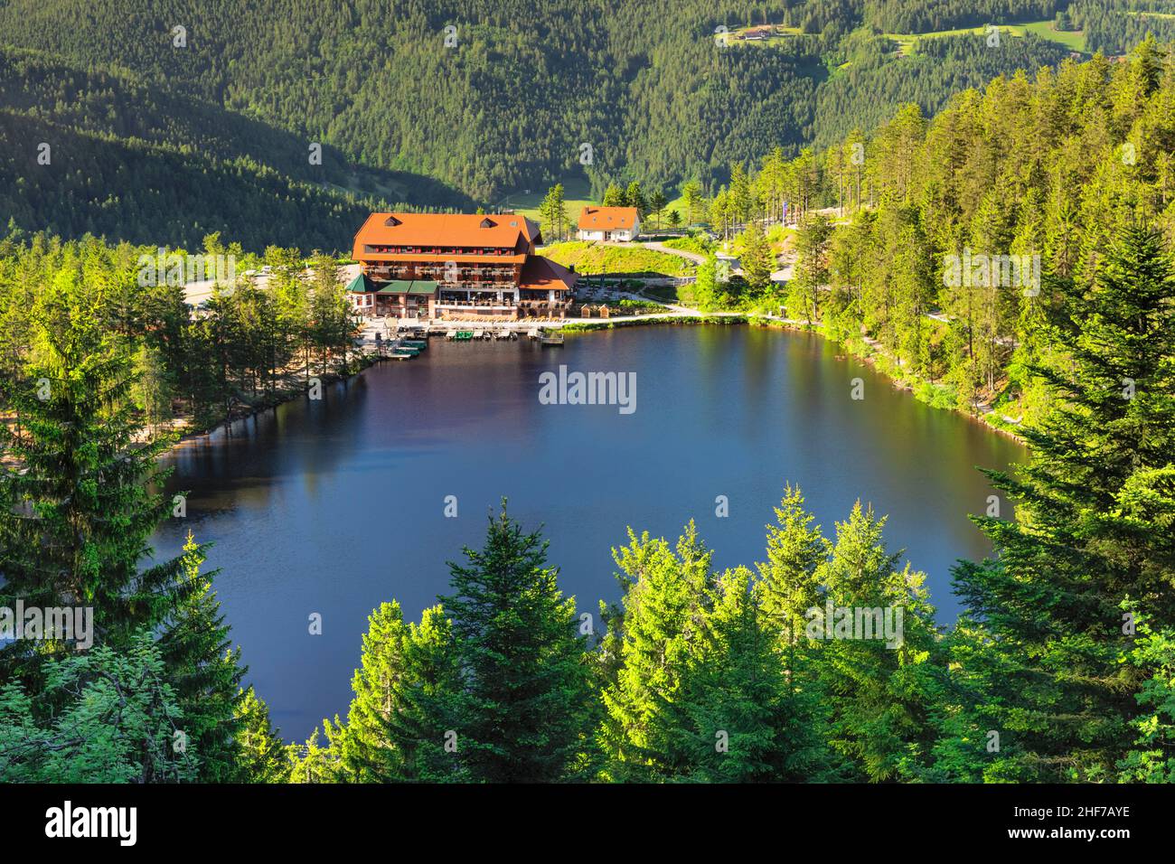 Vue sur le Mummelsee jusqu'au Berghotel Mummelsee, parc national de la Forêt-Noire, Bade-Wurtemberg, Allemagne Banque D'Images