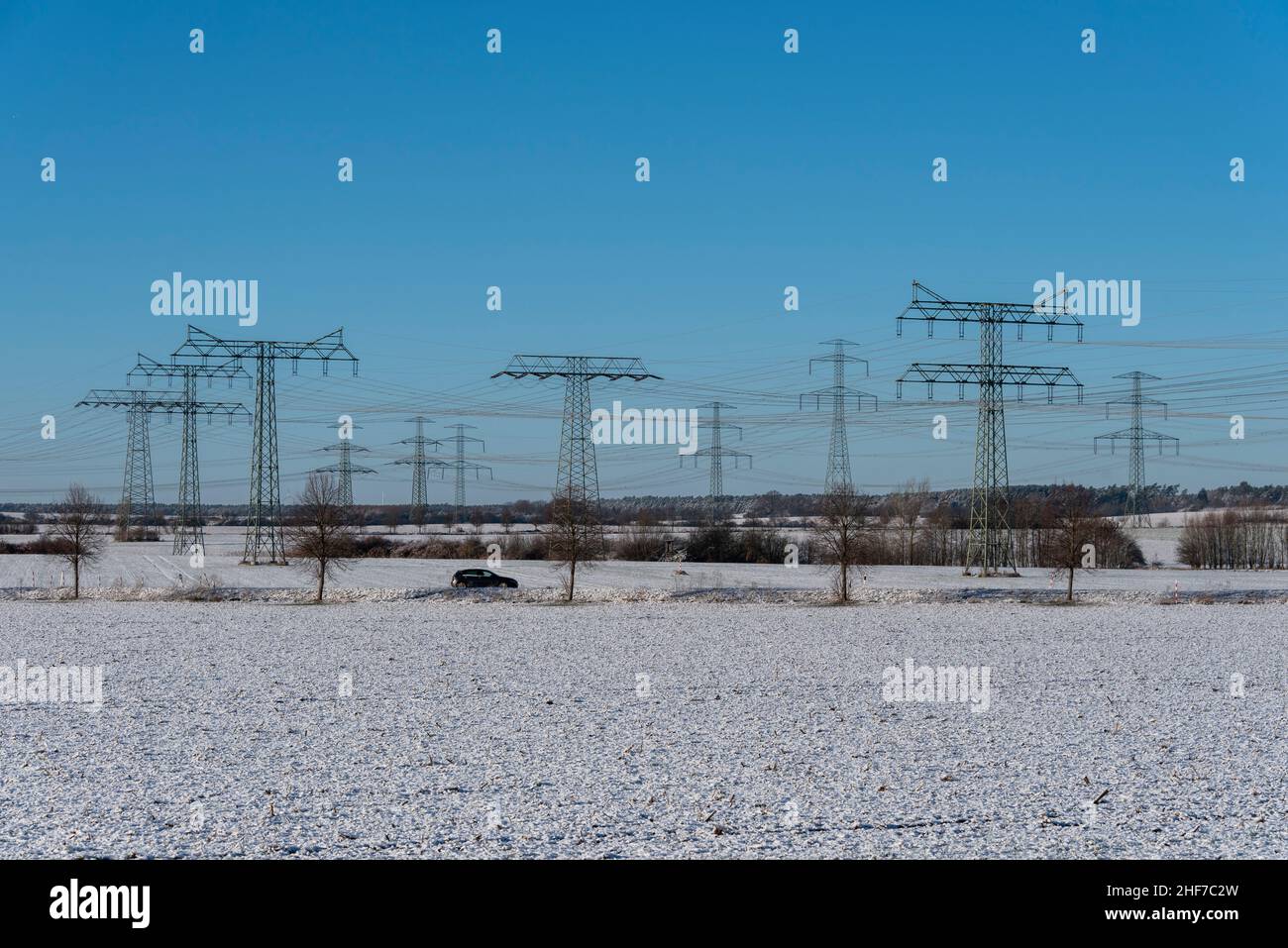 Allemagne, Saxe-Anhalt, pylônes de courant lourd, paysage d'hiver Banque D'Images