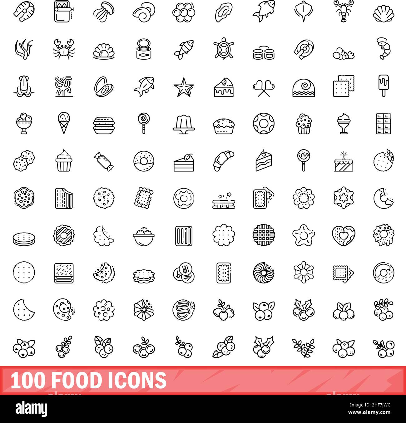 ensemble de 100 icônes alimentaires. Illustration de 100 icônes alimentaires ensemble de vecteurs isolé sur fond blanc Illustration de Vecteur