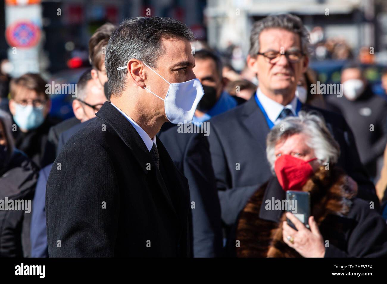 Rome, Italie.14th janvier 2022.Le Premier ministre espagnol, Pedro Sanchez, assiste à la funérailles d'État de David Sassoli, ancien président du Parlement européen.La cérémonie funèbre du regretté président du Parlement européen David Sassoli à la basilique de Santa Maria degli Angeli e dei Martiri.(Photo de Stefano Costantino/SOPA Images/Sipa USA) Credit: SIPA USA/Alay Live News Banque D'Images