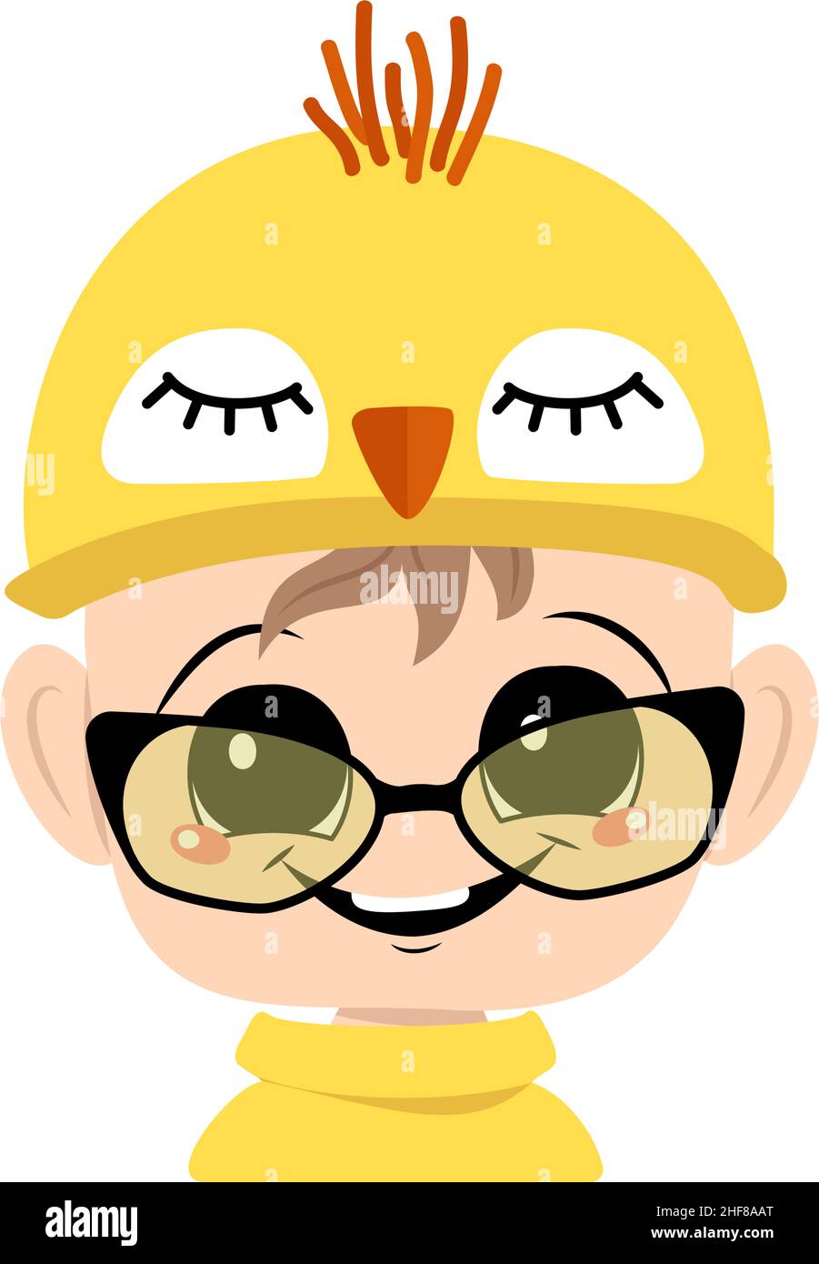 Garçon avec de grands yeux et grand sourire heureux dans un joli chapeau de poulet jaune avec des verres.Chef d'enfant avec un visage joyeux pour les vacances de Pâques, le nouvel an ou costume pour la fête.Illustration vectorielle plate Illustration de Vecteur