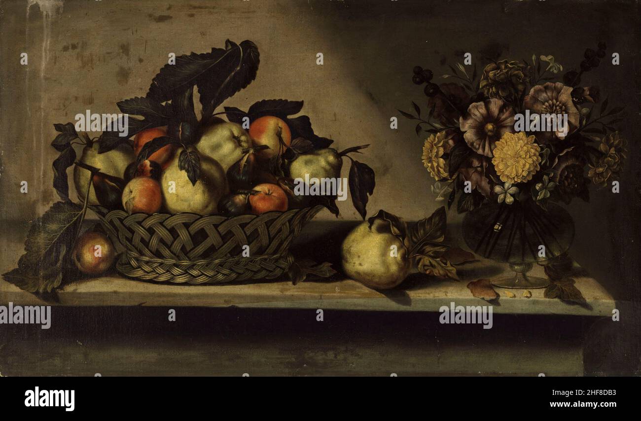 Antonio Ponce (Valladolid 1608-après 1662) Un panier de pommes et de quinces et de fleurs dans un vase en verre sur une laisse en pierre Banque D'Images