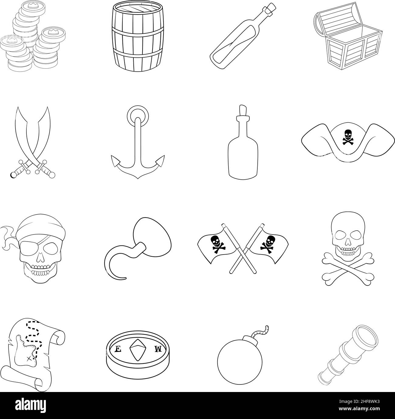 Les symboles de culture pirate définissent des icônes de style contour isolées sur fond blanc Illustration de Vecteur