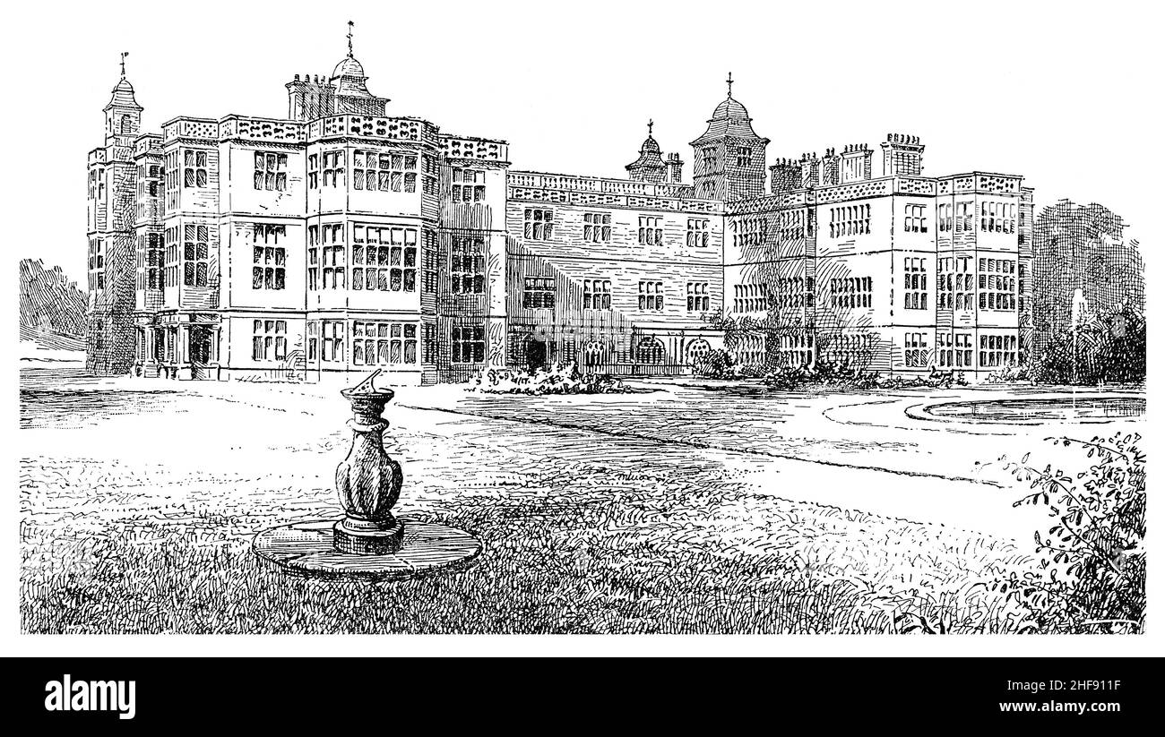Époque édouardienne, illustration ancienne d'Audley End House, une demeure de Jacobean près de Saffron Walden, Essex, Angleterre. Banque D'Images