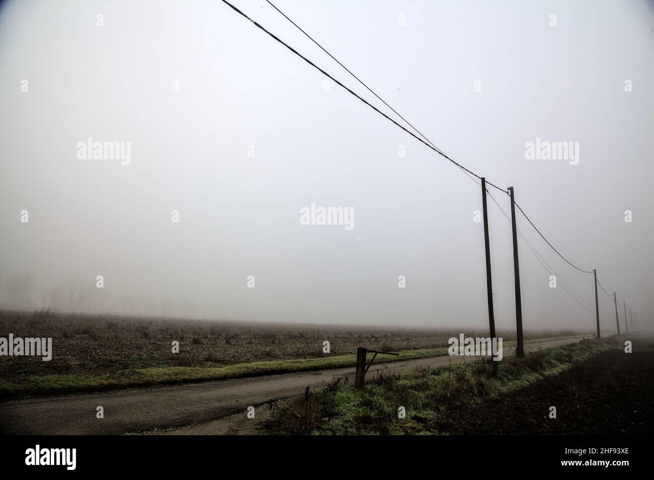 Route de campagne avec une ligne électrique tête et un bar à côté de lui lors d'une journée brumeuse dans la campagne italienne en hiver Banque D'Images