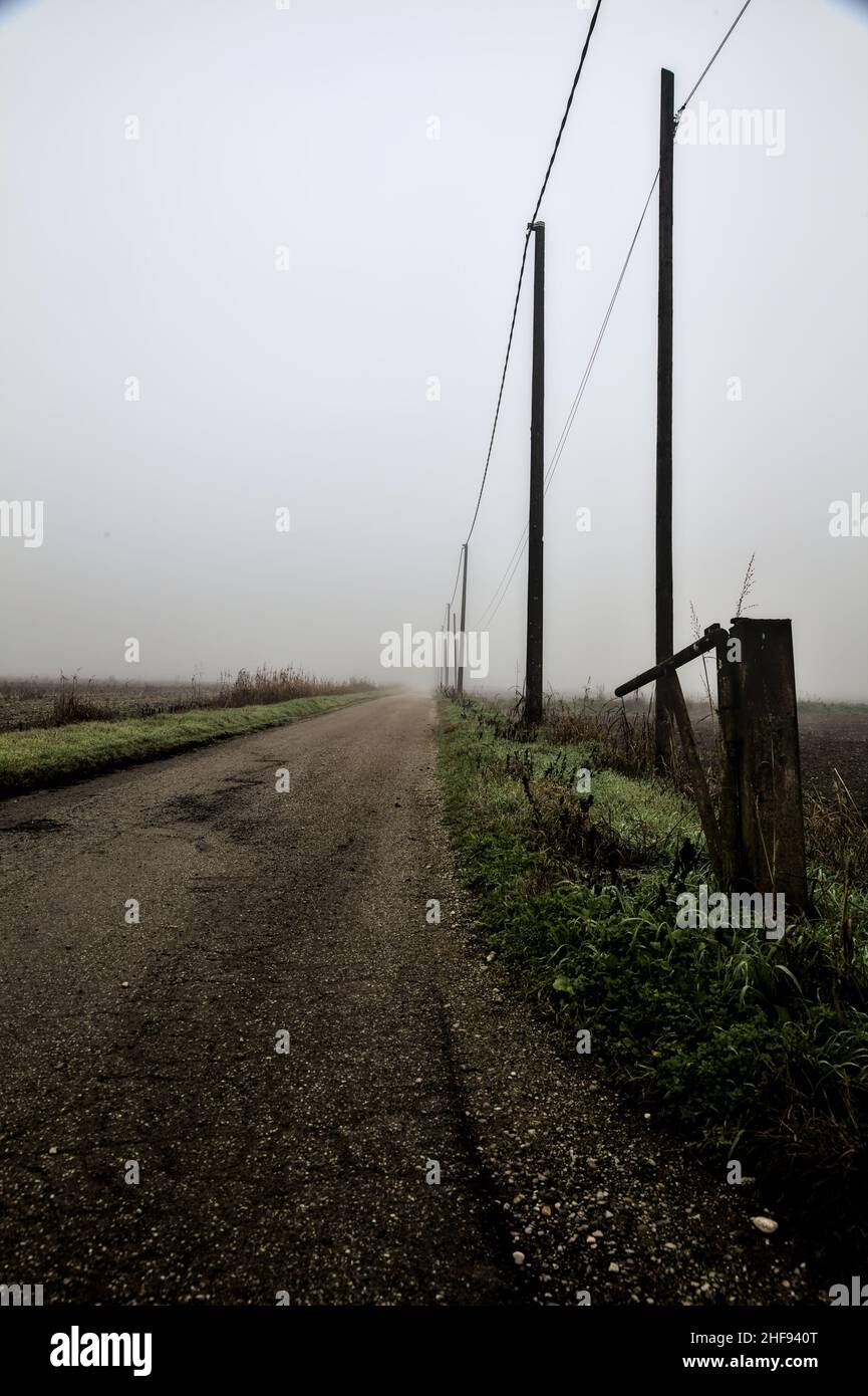 Route de campagne avec une ligne électrique tête et un bar à côté de lui lors d'une journée brumeuse dans la campagne italienne en hiver Banque D'Images