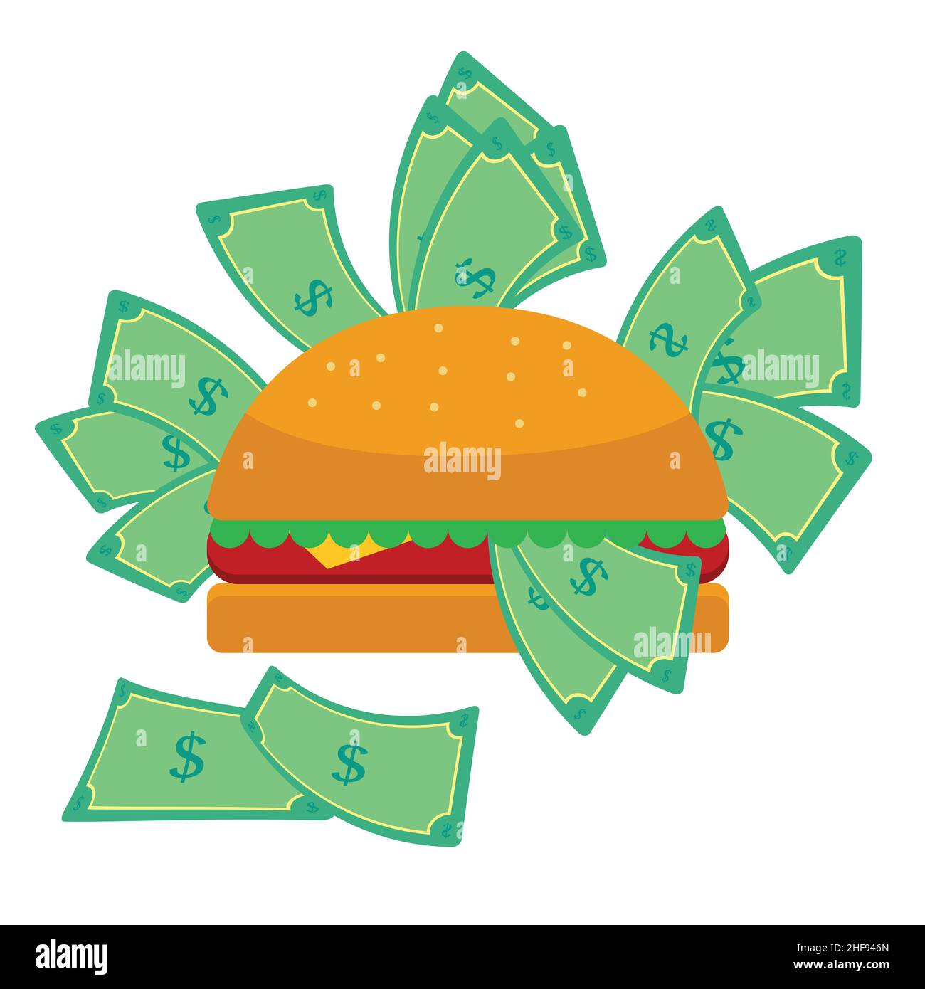 Hamburger à la viande, à la laitue et au fromage farcis avec des billets d'argent.Billet de banque autour du hamburger.Conceptuel.Isolé.Arrière-plan blanc. Illustration de Vecteur