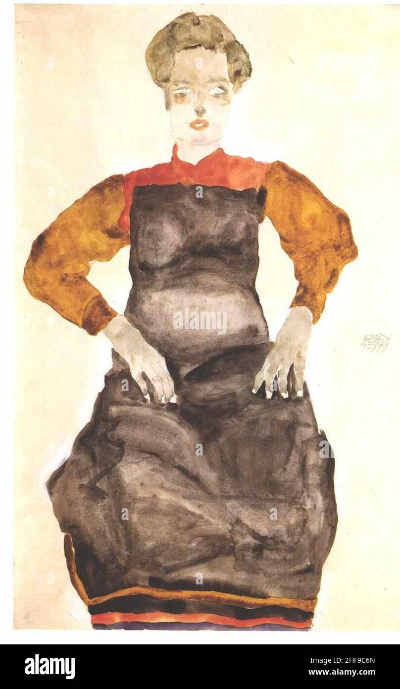 Schiele - Sitzendes Mädchen mit schwarzer Schürze - 1911. Banque D'Images